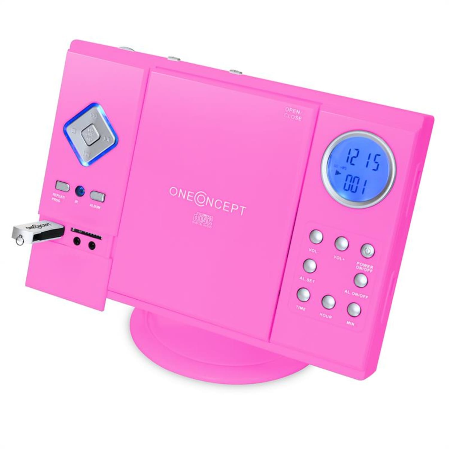 Ein pinkfarbener CD-Player mit USB-Anschluss, Display und Bedientasten.