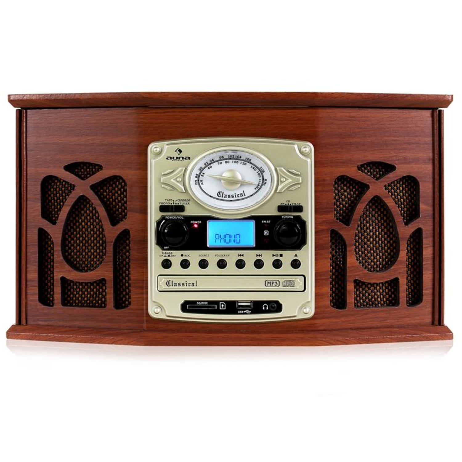 Ein Vintage-Stereo-System aus Holz mit Digitalanzeige und einem Radio-Drehknopf im Retro-Stil.