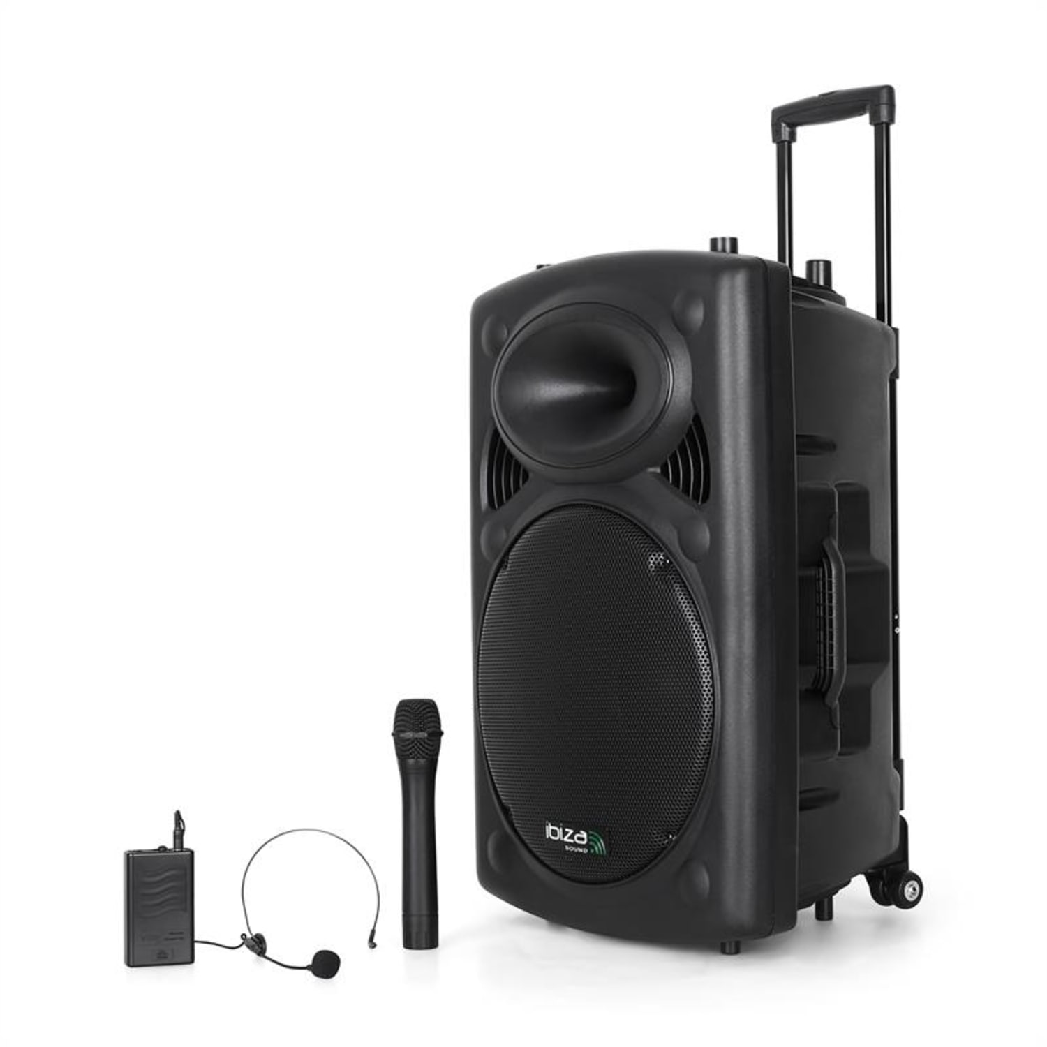 Altoparlante Ibiza nero con microfono e auricolare su bianco.