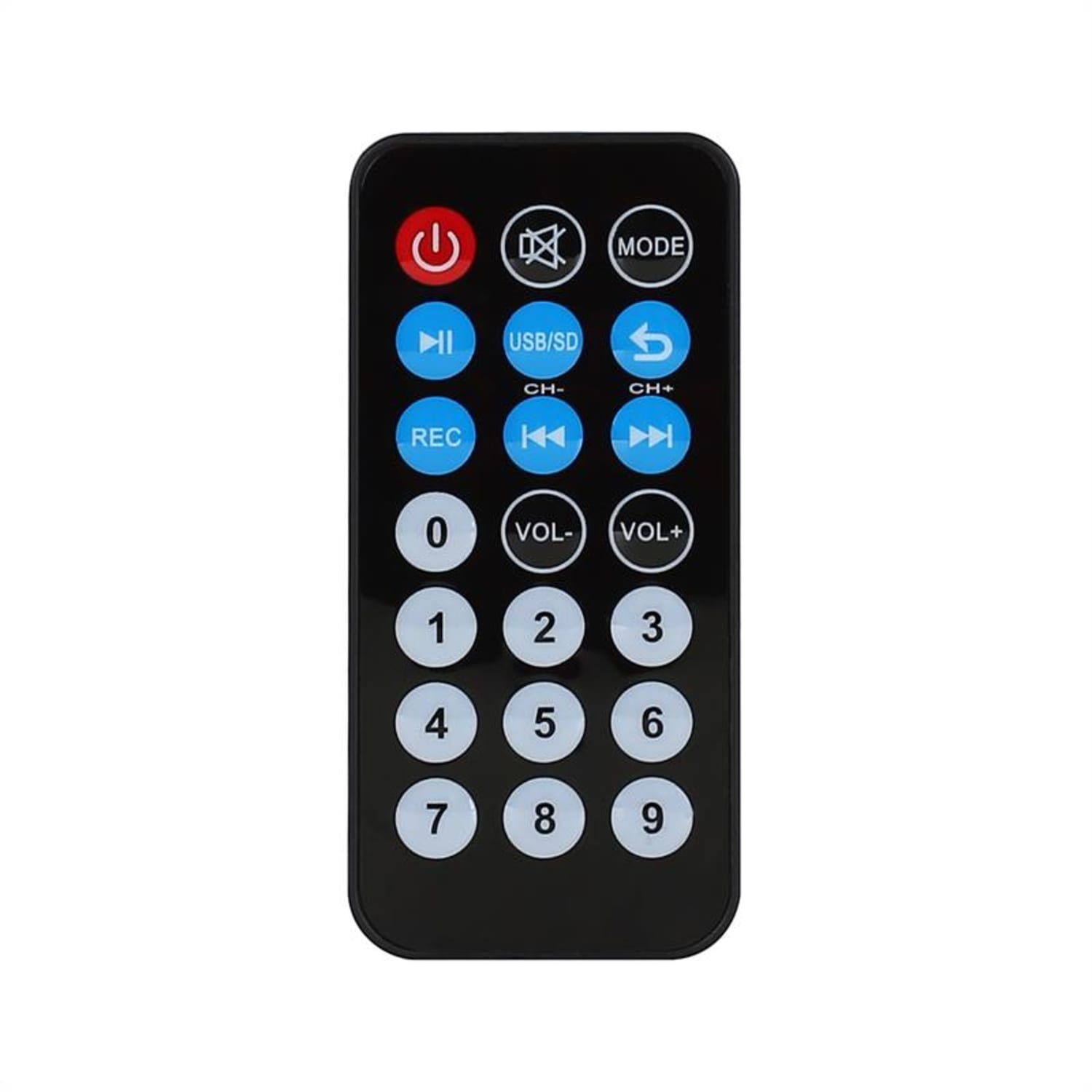 Un telecomando nero con molti pulsanti, inclusi controlli di alimentazione, volume e canale.