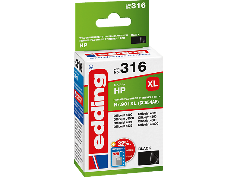 EDDING HP Black (CC654AE) No. 901XL Tintenpatrone 18-316 schwarz