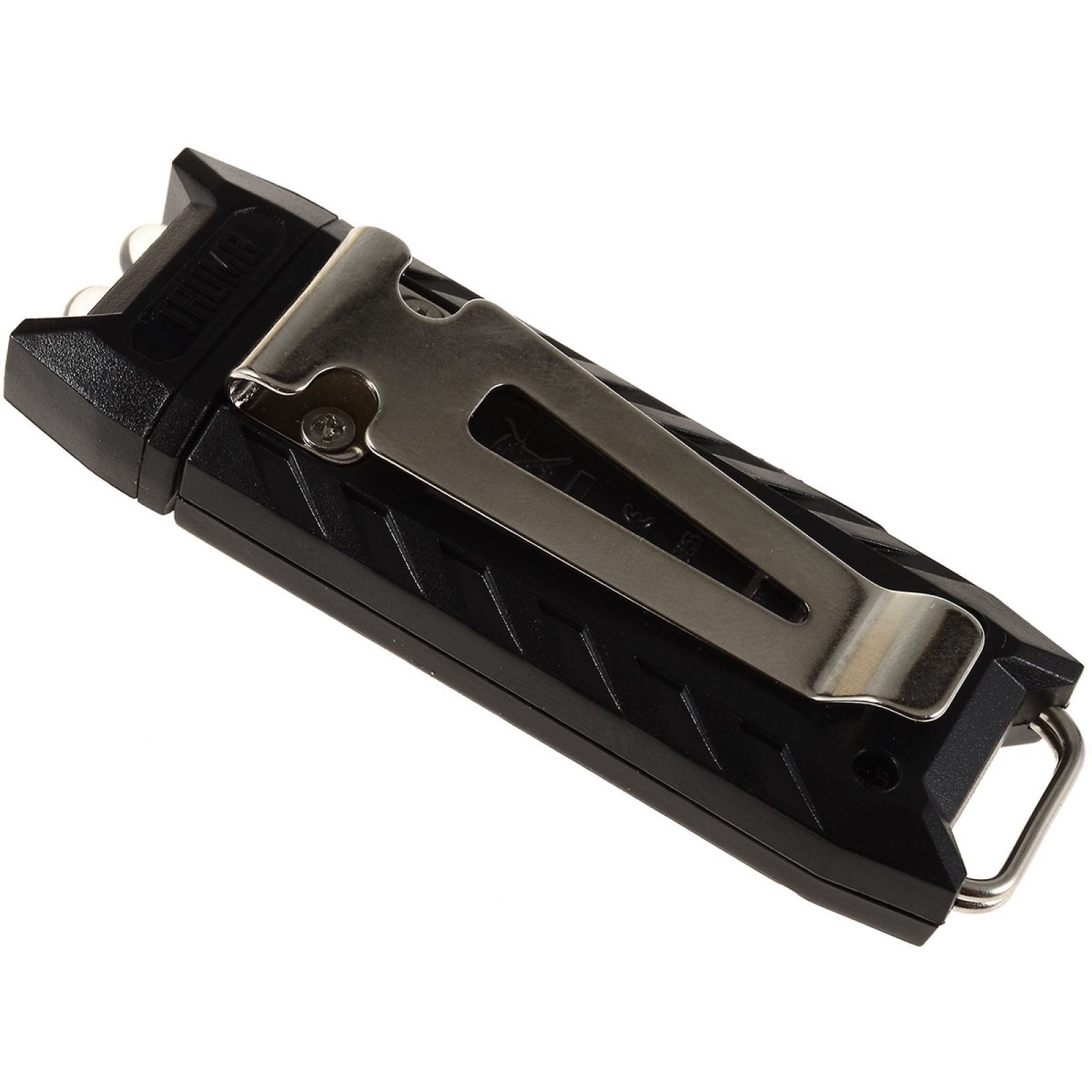 Torcia nera con clip in metallo e attacco per portachiavi.