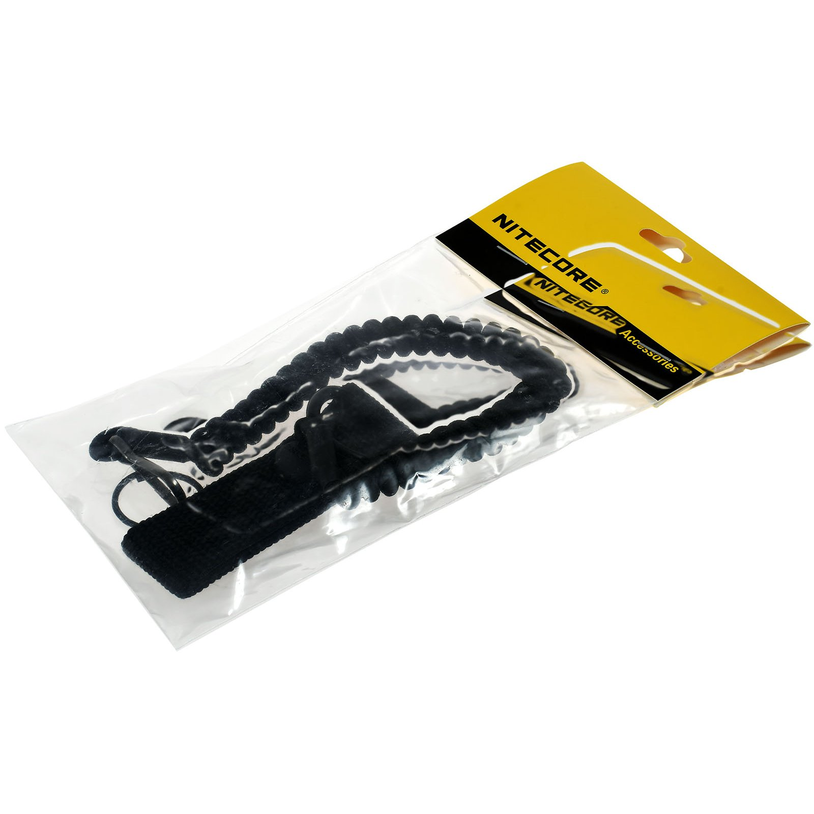 Transparente Kunststoffverpackung mit einem schwarz-weißen Schlüsselband. Weißer Hintergrund.