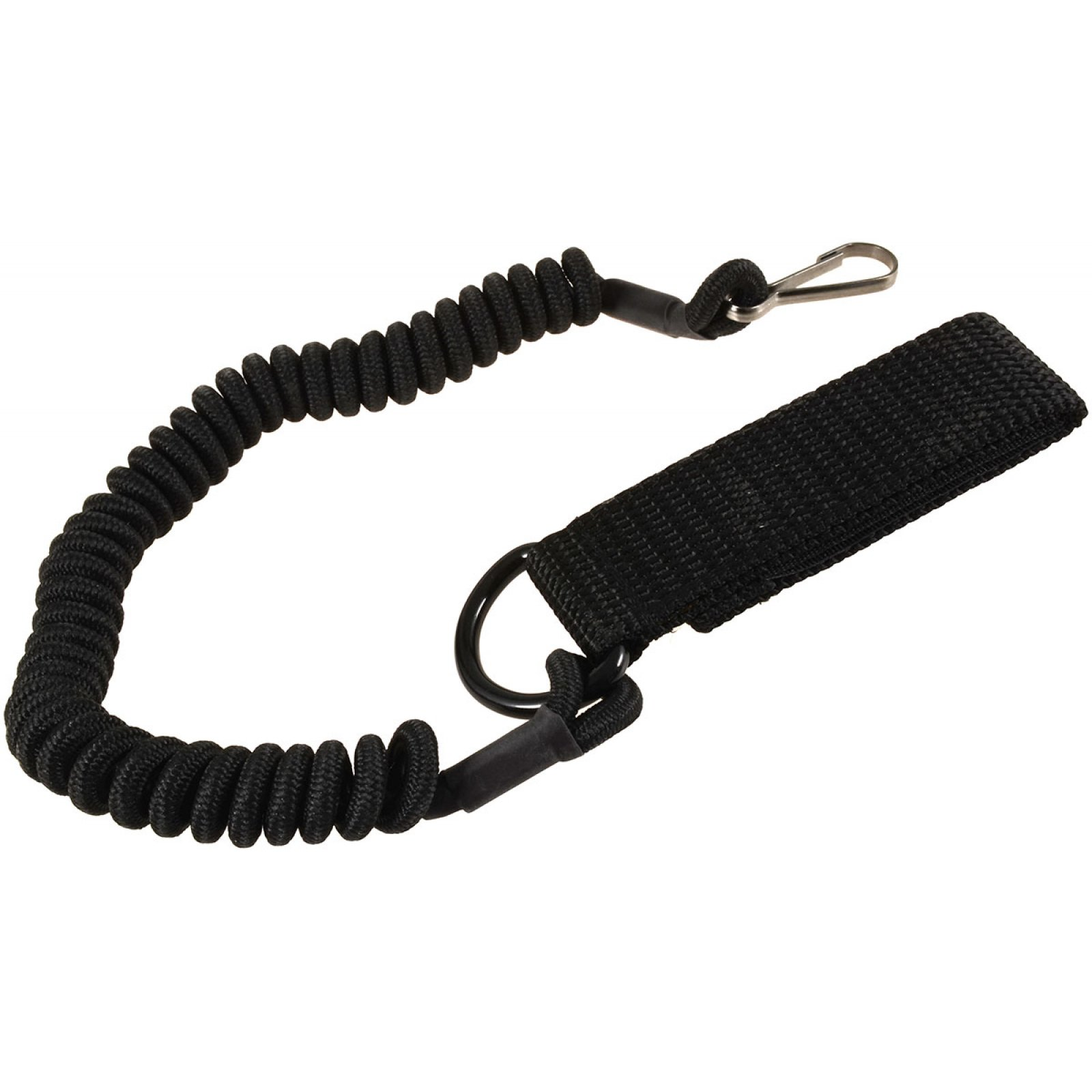 Schwarzes Spirallanyard mit Metallclip und schwarzem Stoffband.