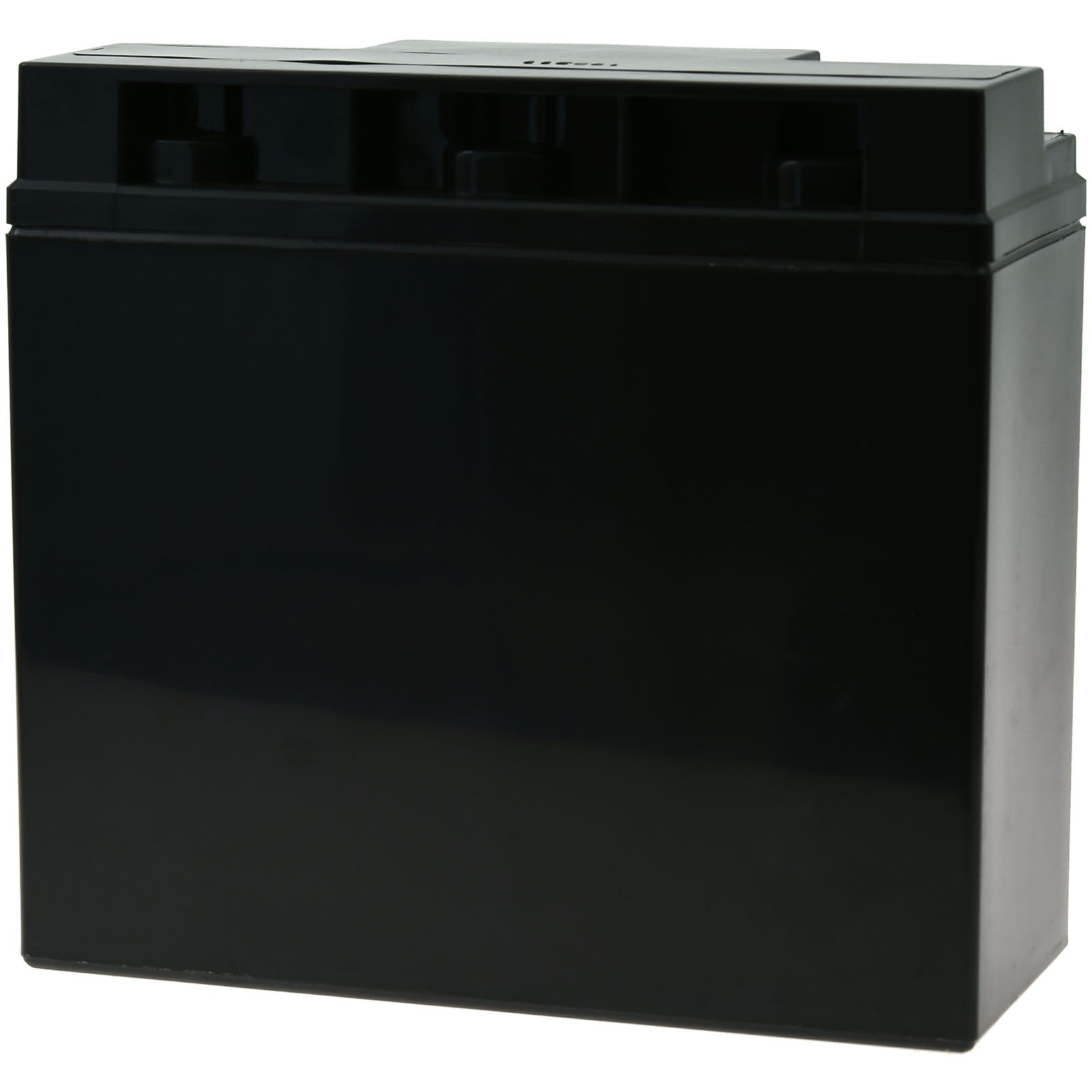Batería rectangular negra con carcasa de plástico. La parte superior tiene crestas elevadas.
