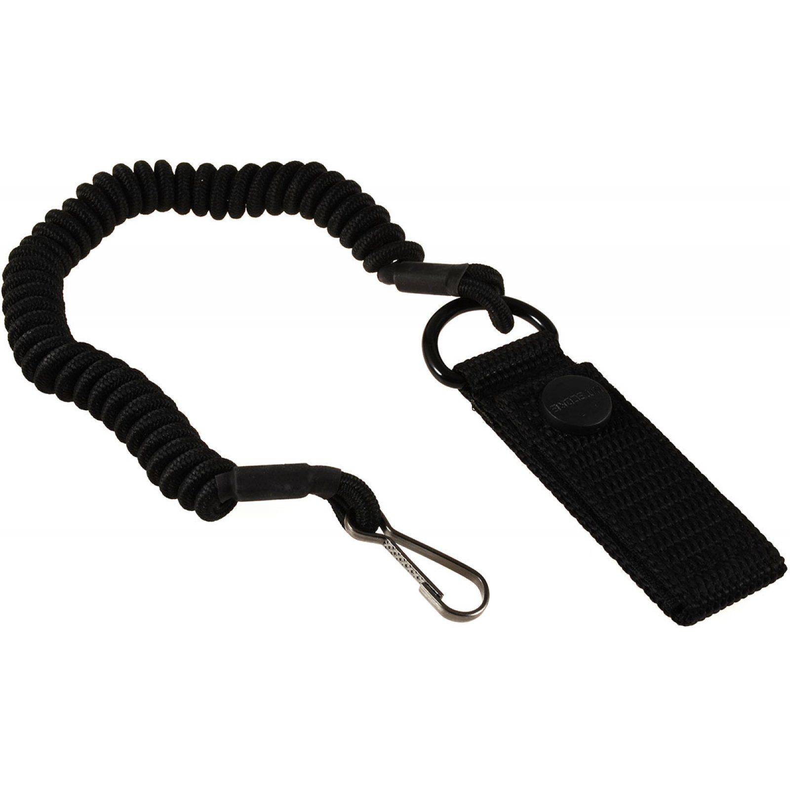 Ein schwarzes, spiralförmiges Schlüsselband mit Karabinerhaken und einem kleinen schwarzen Riemen.