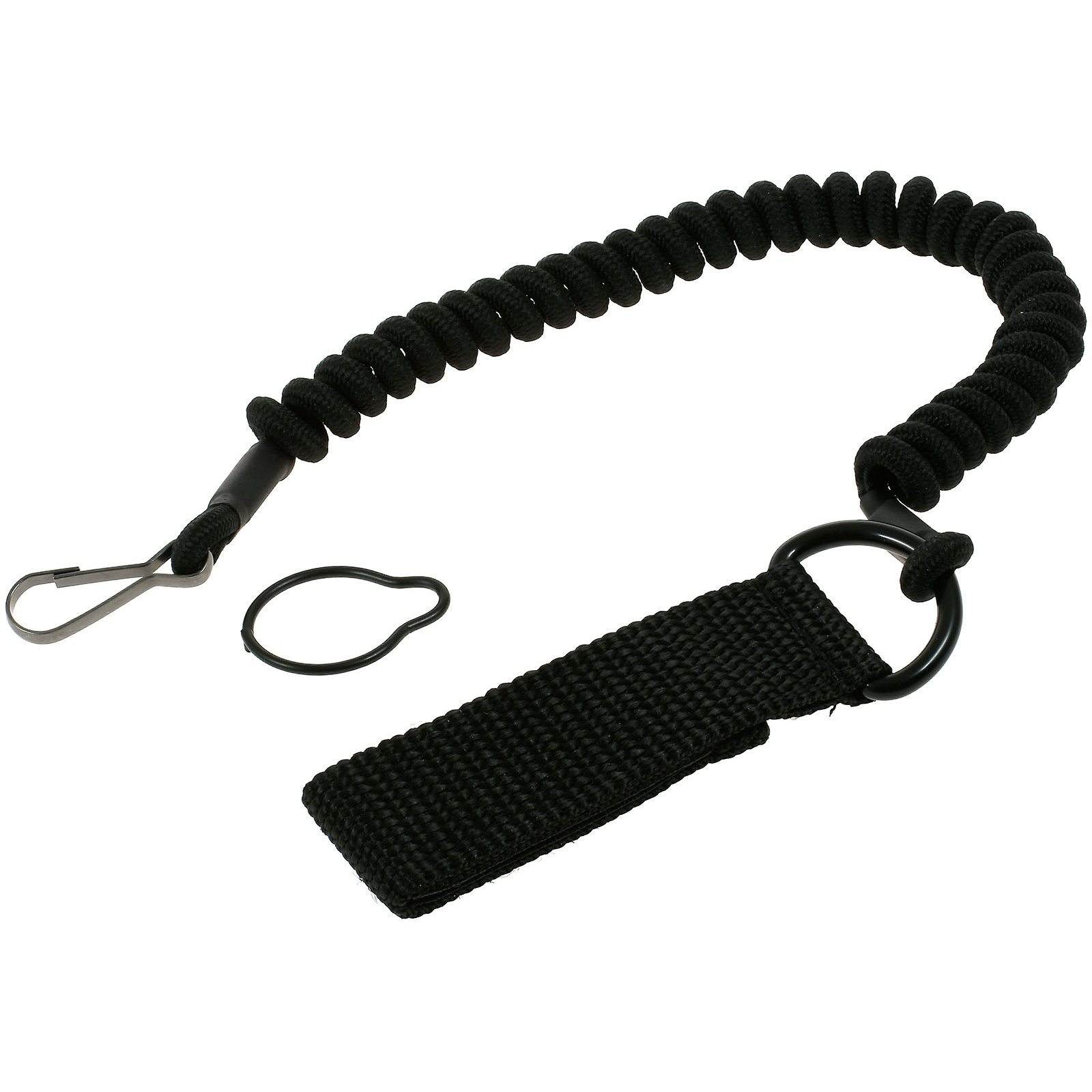 Schwarzes, spiralförmiges Schlüsselband mit Clip, Ring und Stoffschlaufe auf weißem Hintergrund.