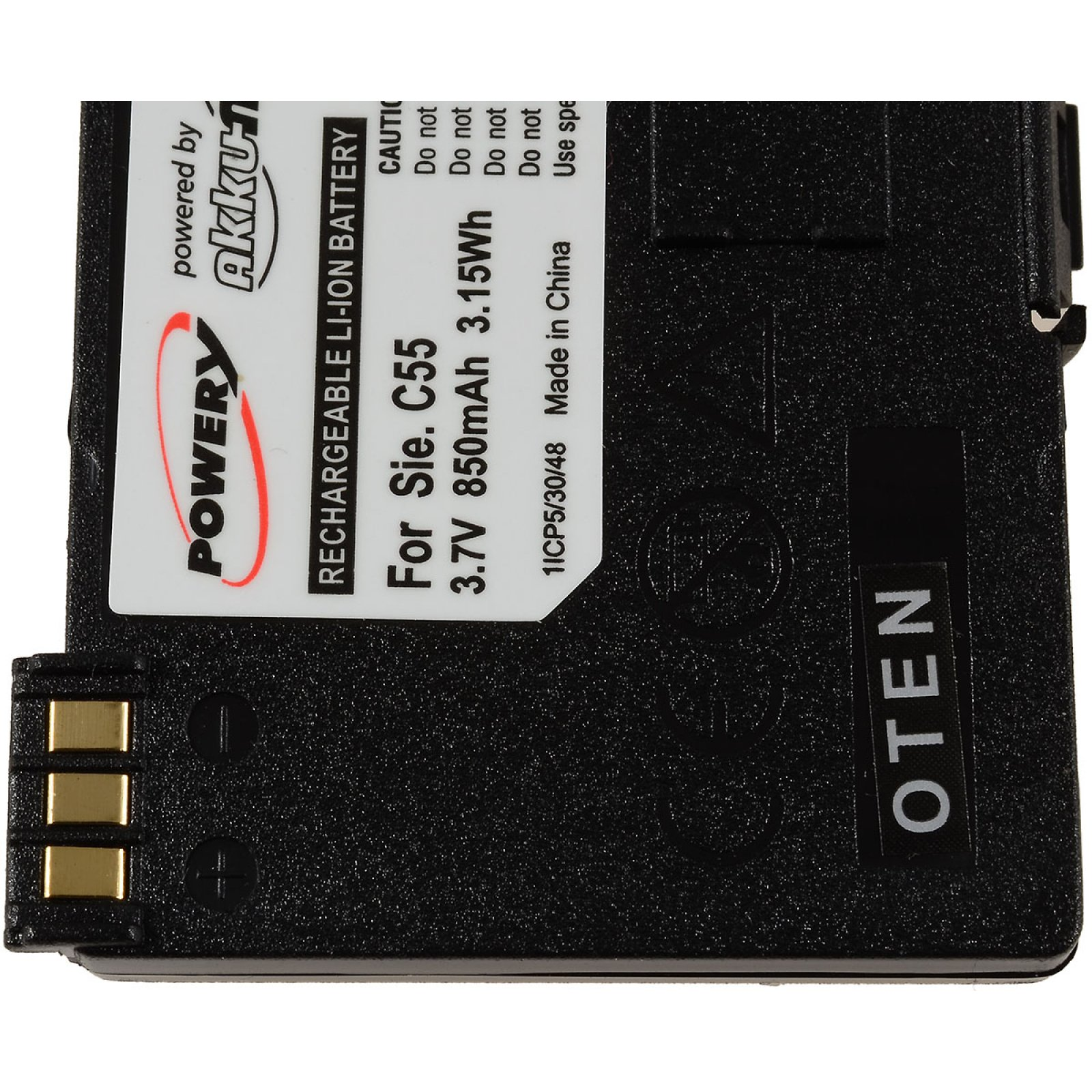 Una batería recargable negra con una etiqueta que dice 'Power, Rechargeable Li-ion Battery'.