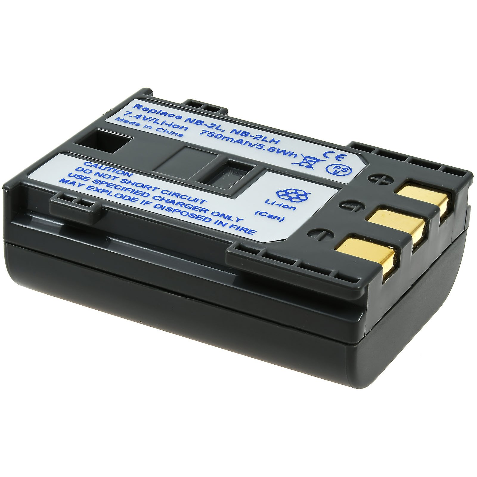 Schwarze Batterie mit Etiketten. Goldene Anschlüsse sind an der Seite sichtbar.