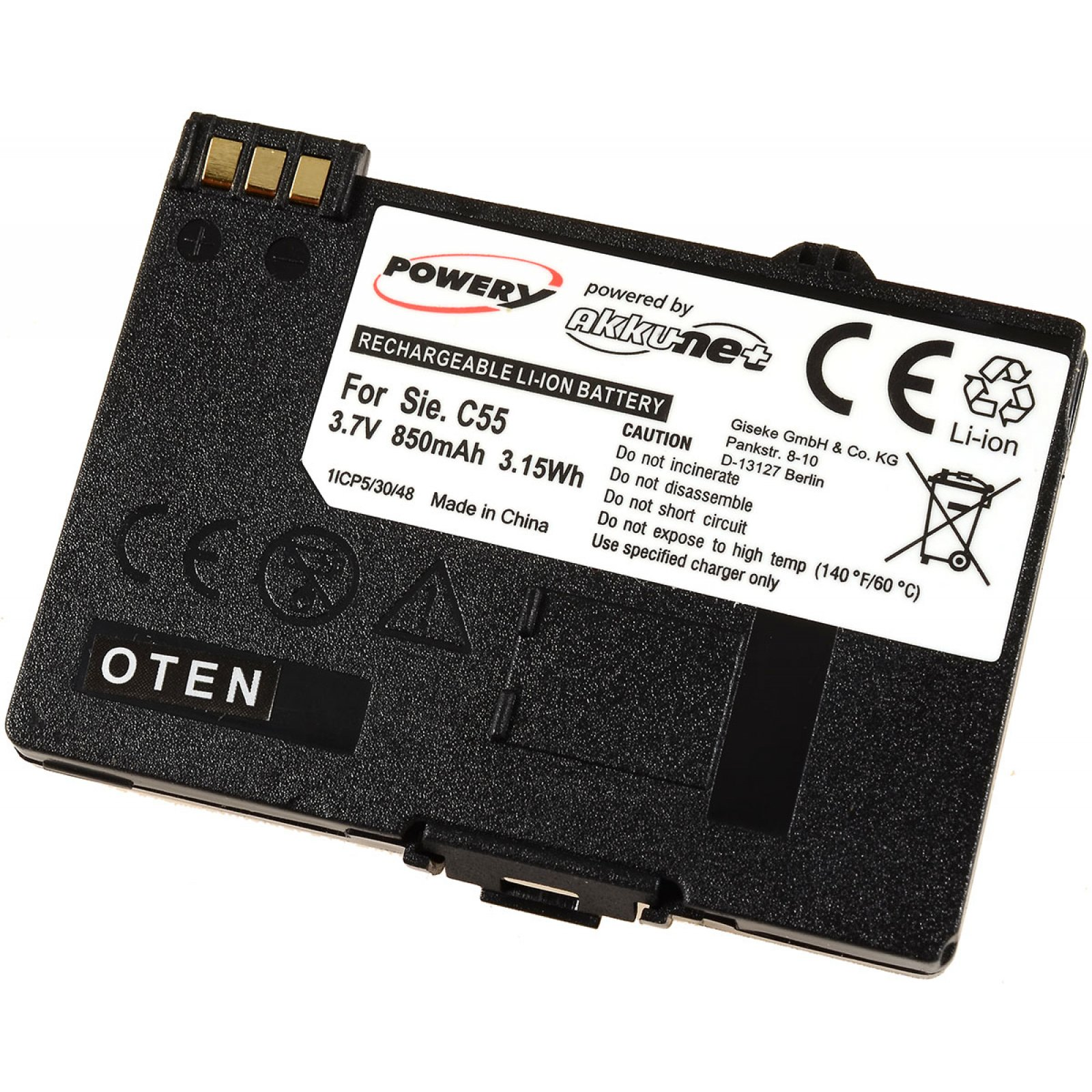 Batería negra rectangular con texto. La etiqueta indica que la batería es Li-Ion 3.7V 850mAh.