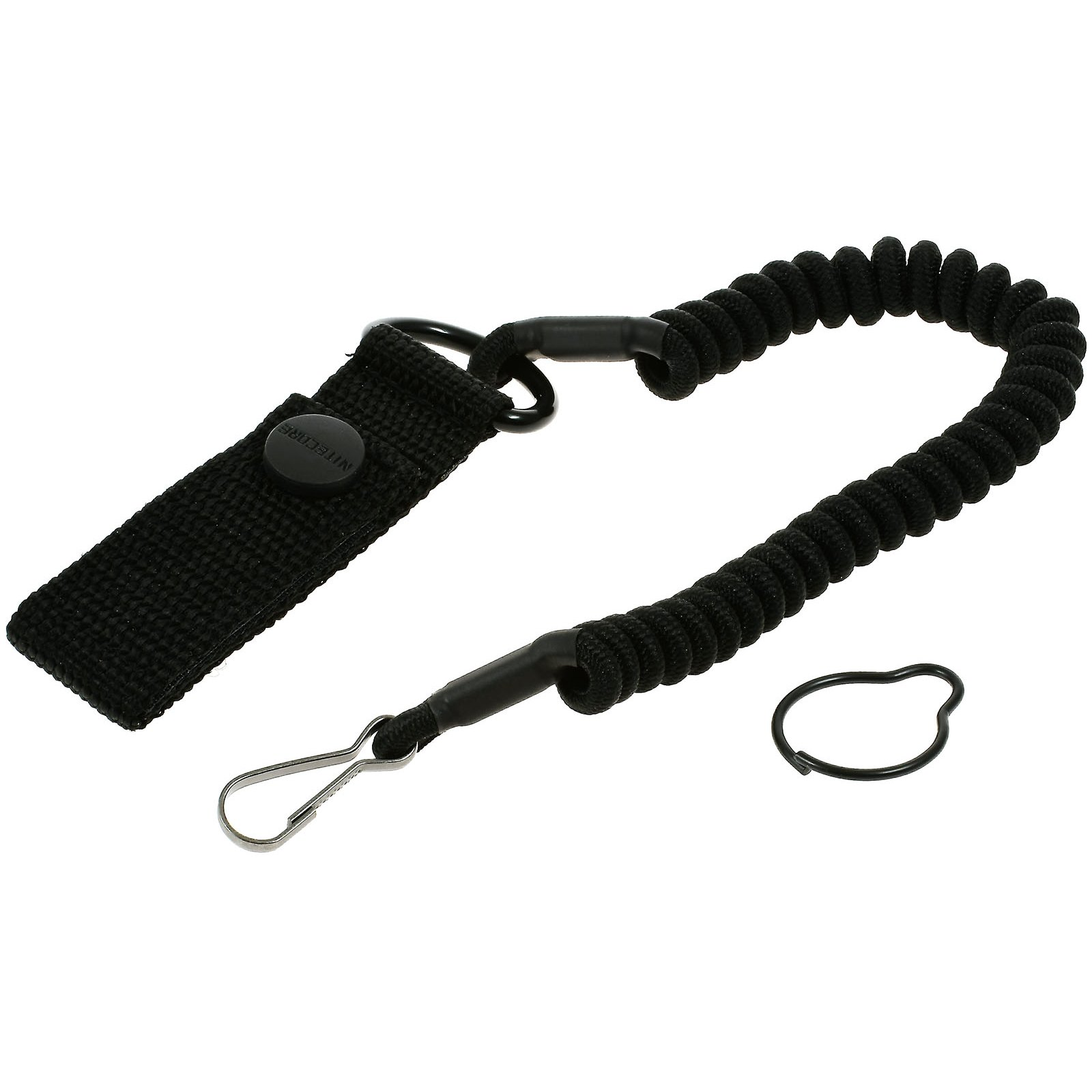 Schwarzes Spiralkabel-Lanyard mit Schnalle und Ring, auf weißem Hintergrund.