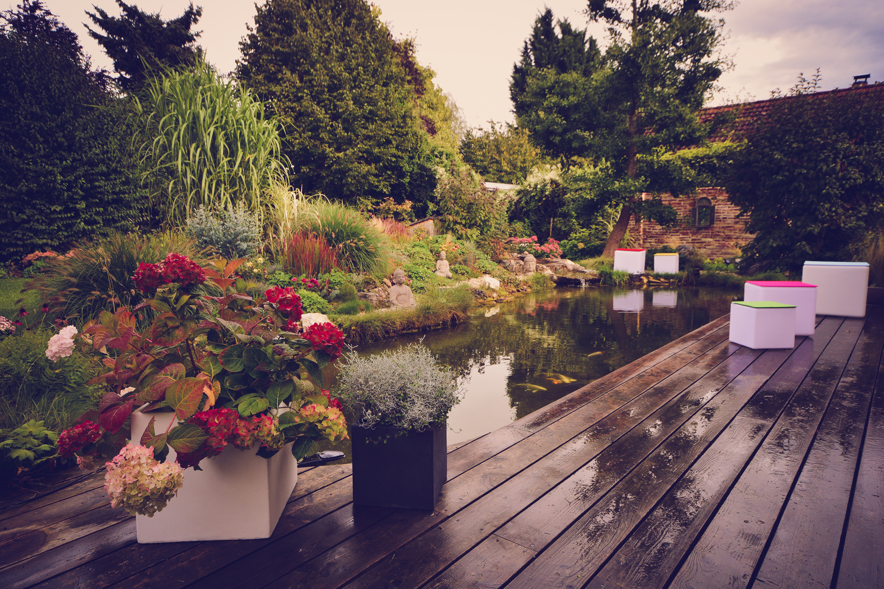 Garten mit Teich, Holzterrasse, Pflanzen und Würfelhockern.