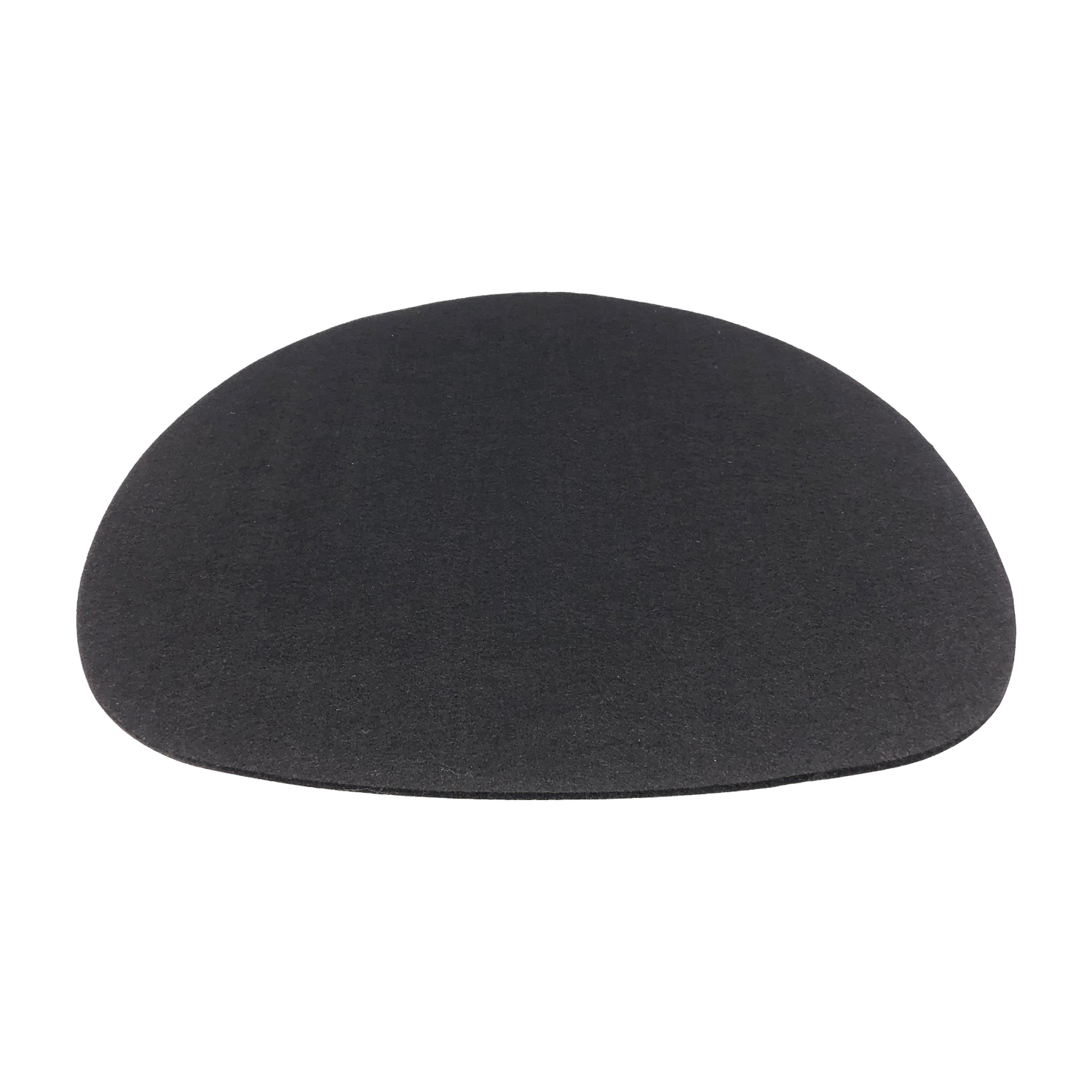 Ein schwarzes, oval geformtes Schaumstoffpad auf einer weißen Oberfläche.
