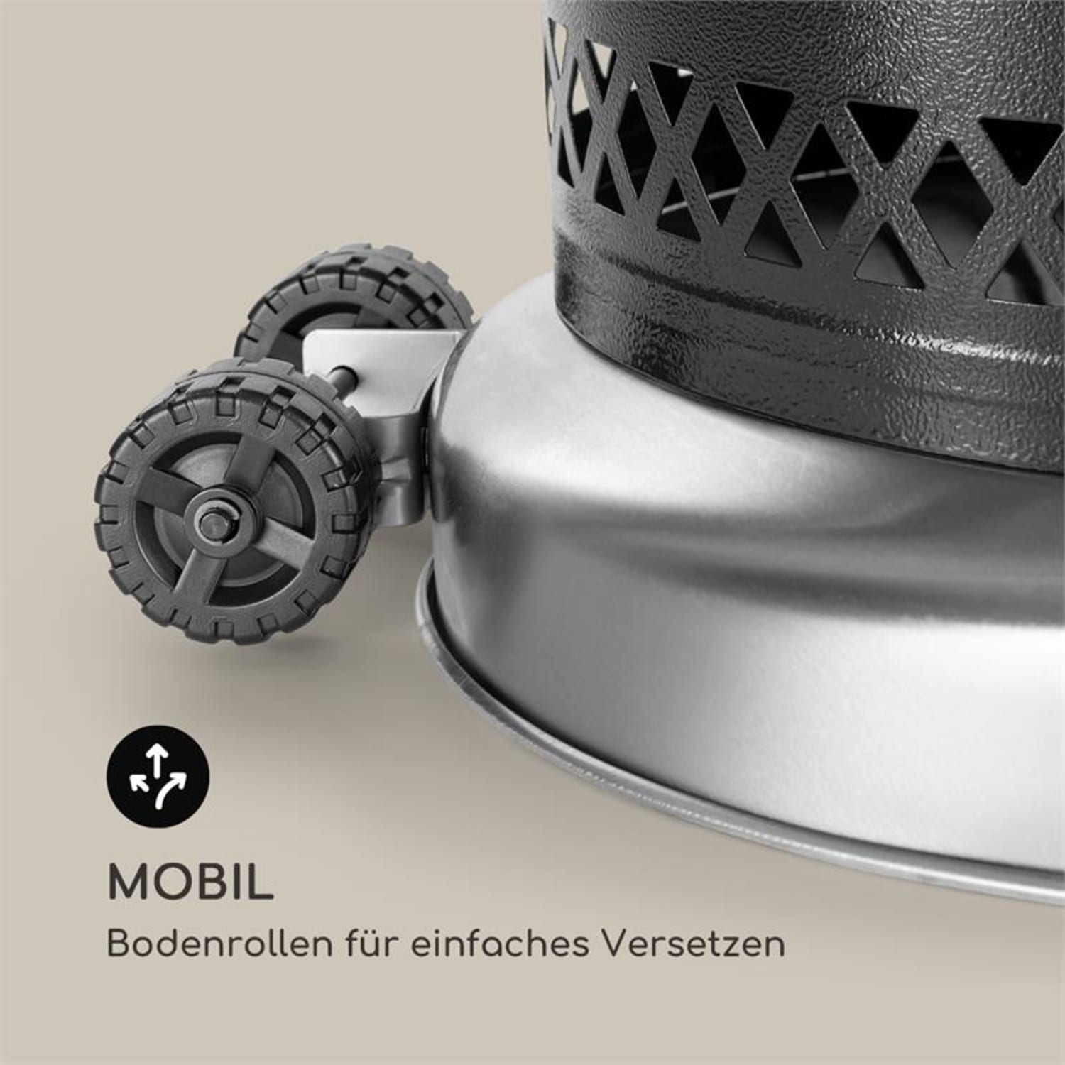 Nahaufnahme einer silbernen Heizung mit drei Rädern. Text besagt mobil, Bodenrollen für einfaches Versetzen.