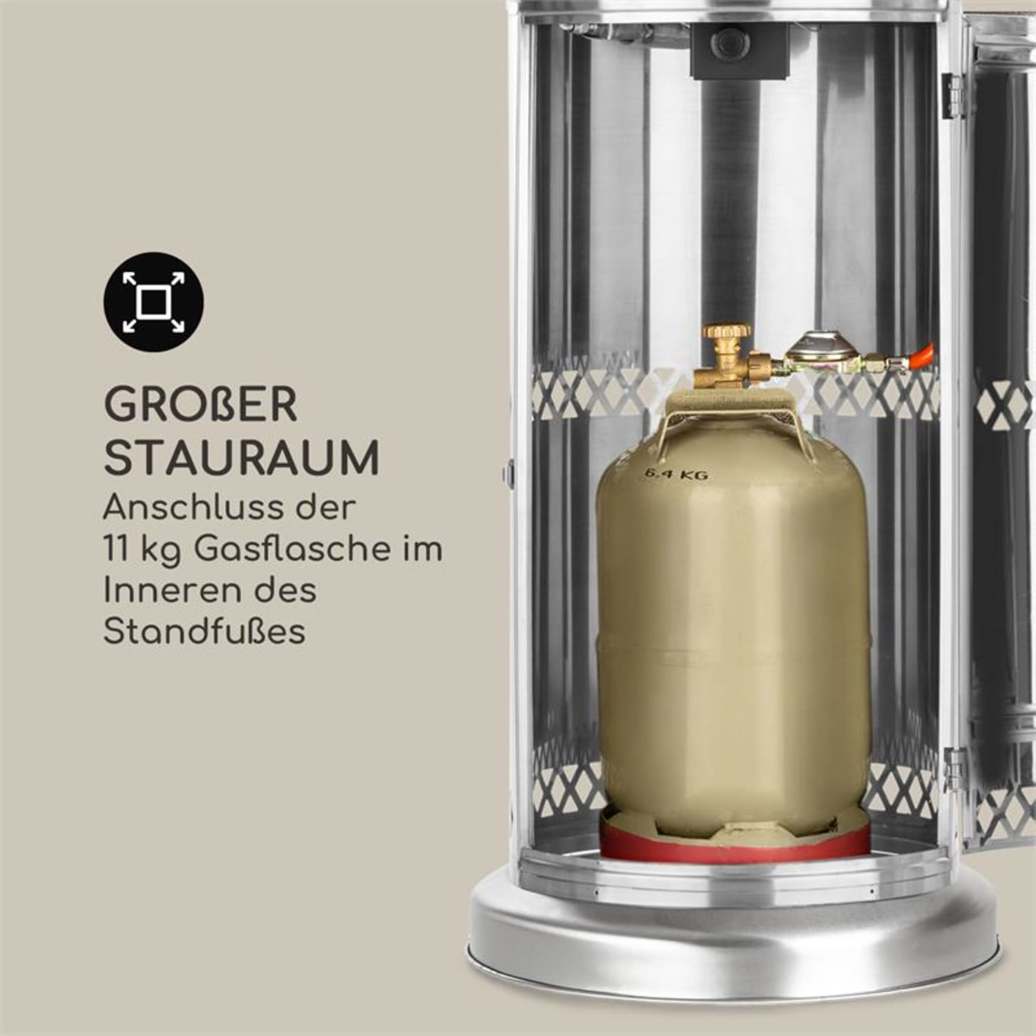 Gasheizung. Eine Gasflasche befindet sich im Inneren, wobei ein Gasventil sichtbar ist.