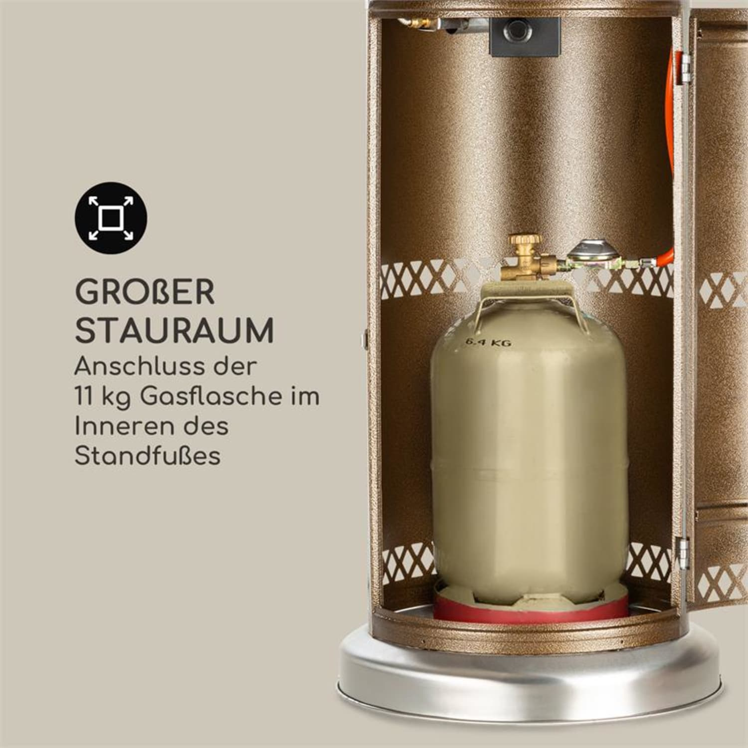 Nahaufnahme eines bronzefarbenen Gasheizers mit offener Seite, die eine Gasflasche im Inneren zeigt, Text und Logo.