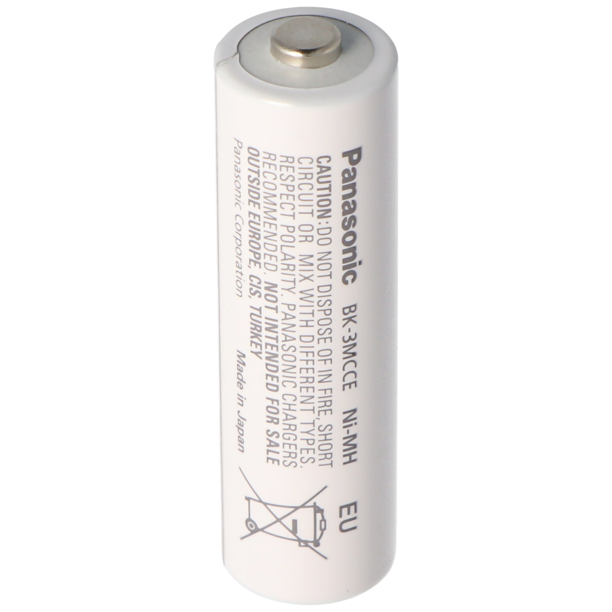 Eine weiße Panasonic AA-Batterie. Sie hat Text, einen silbernen Deckel und einen schwarzen Boden.