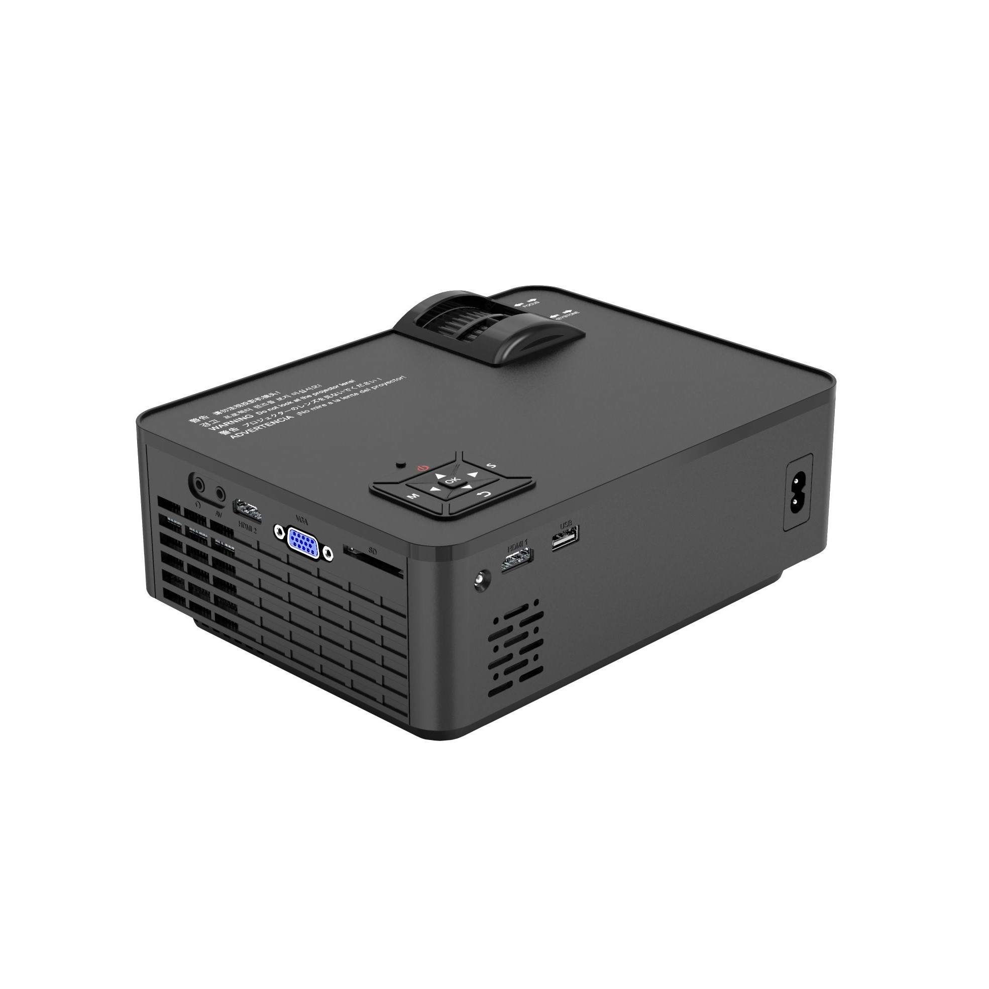 Projecteur noir avec divers ports et commandes. L'objectif et le panneau de commande sont visibles.
