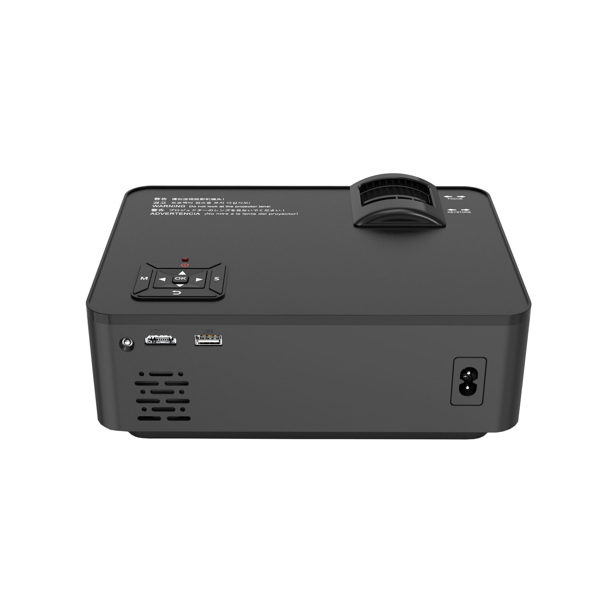 Projecteur noir avec boutons de commande et ports. Contient une lentille et une ventilation en haut.