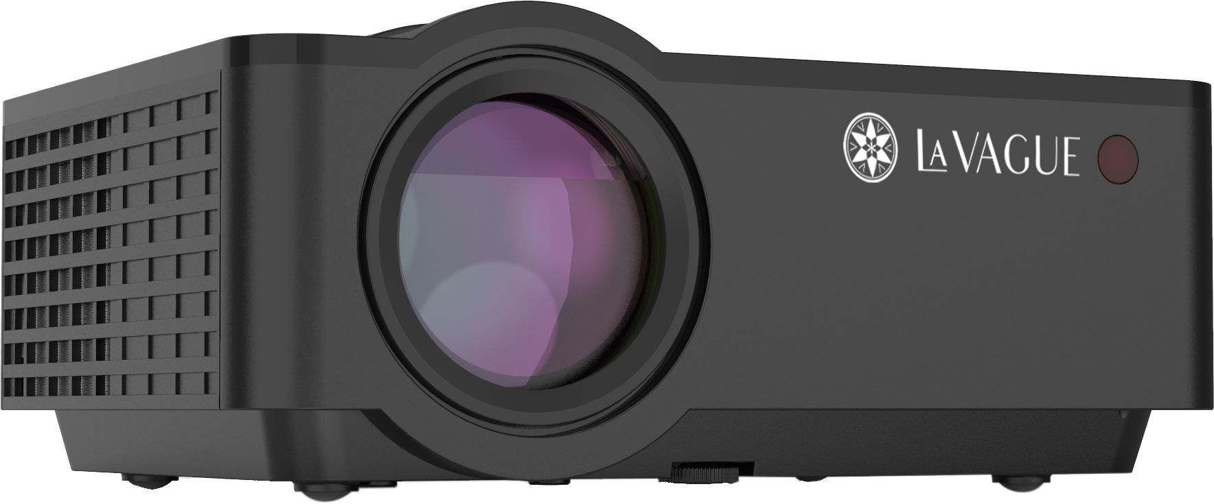Projecteur La Vague noir incliné vers la droite, avec logo sur le côté.