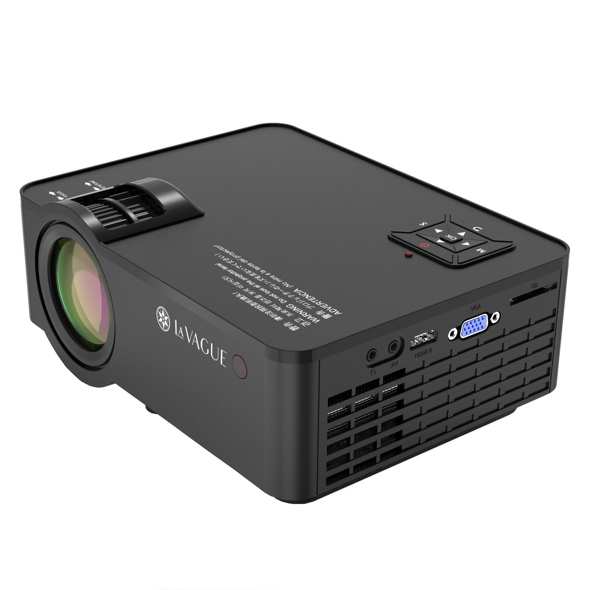 Projecteur noir avec lentille et commandes. Il a des ports et un logo de marque. Il est sur fond blanc.