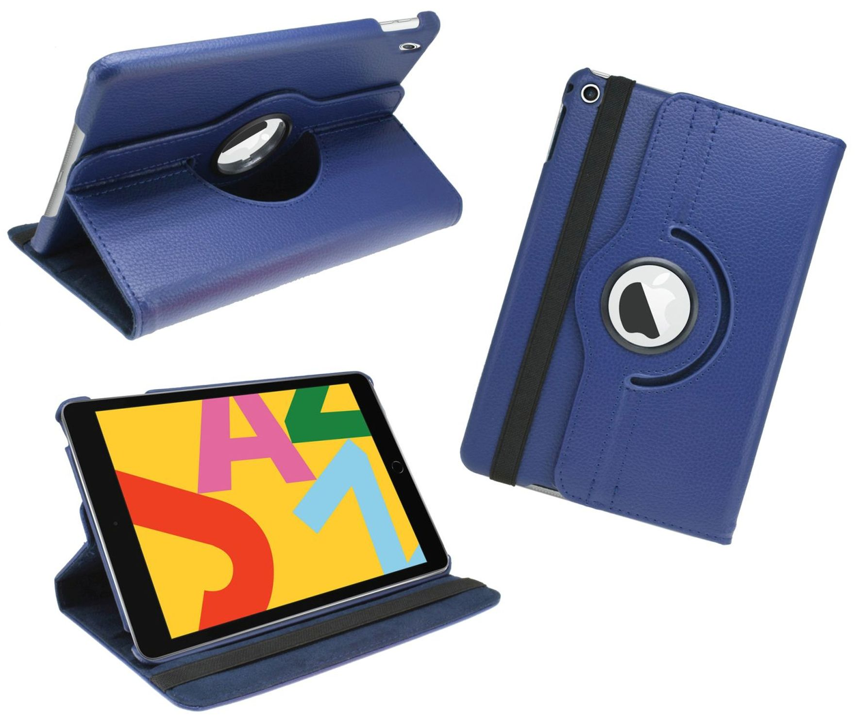 Blaue iPad-Hülle in drei Ansichten. Sie hat einen drehbaren Halter und einen schwarzen Riemen.