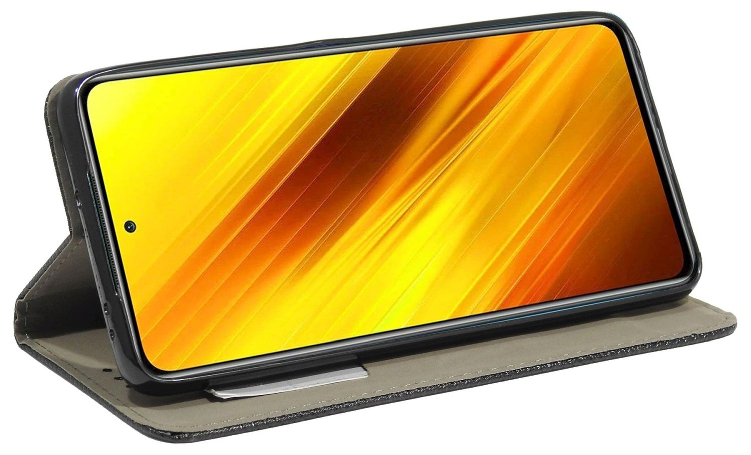 Smartphone in Hülle, Bildschirm zeigt gelben Farbverlauf. Graue Hülle.