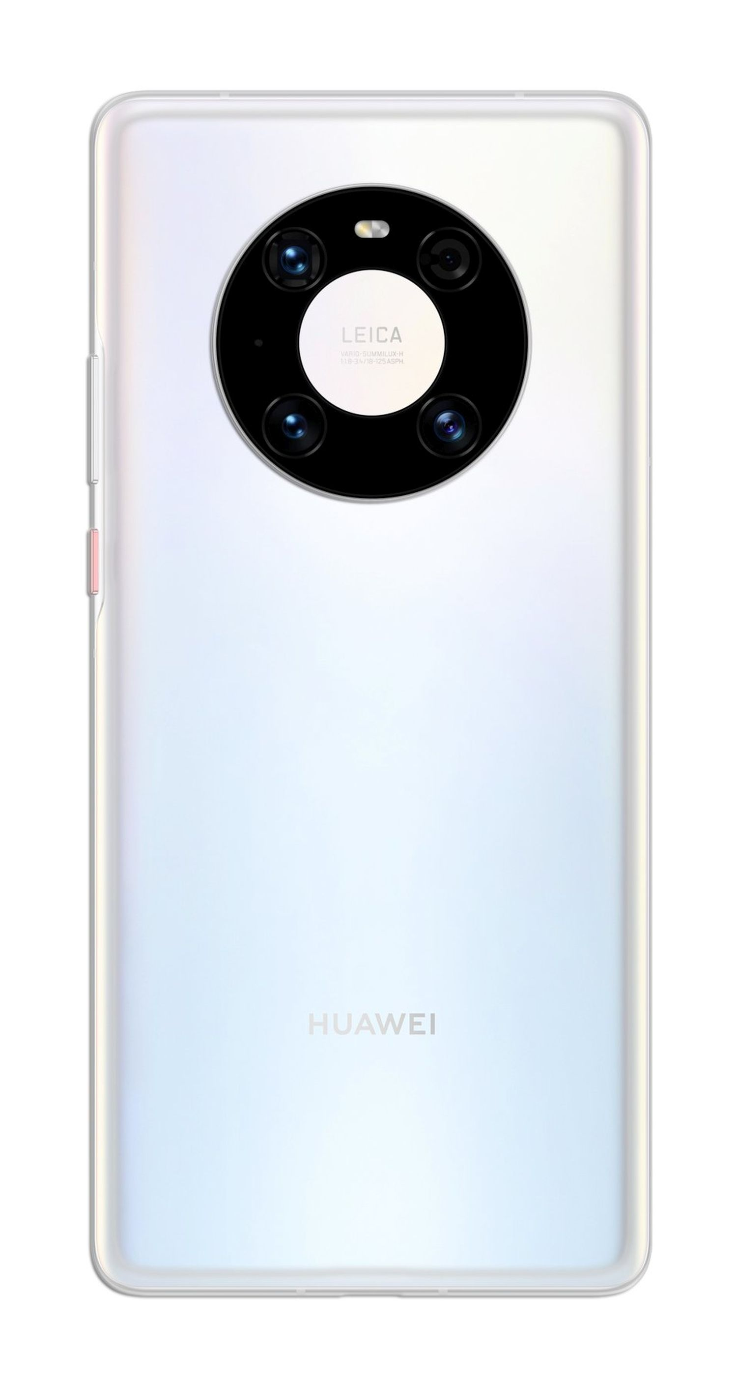 Weiße Smartphone-Rückseite mit kreisförmiger Kameraanordnung mit Leica-Objektiven und Huawei-Logo.