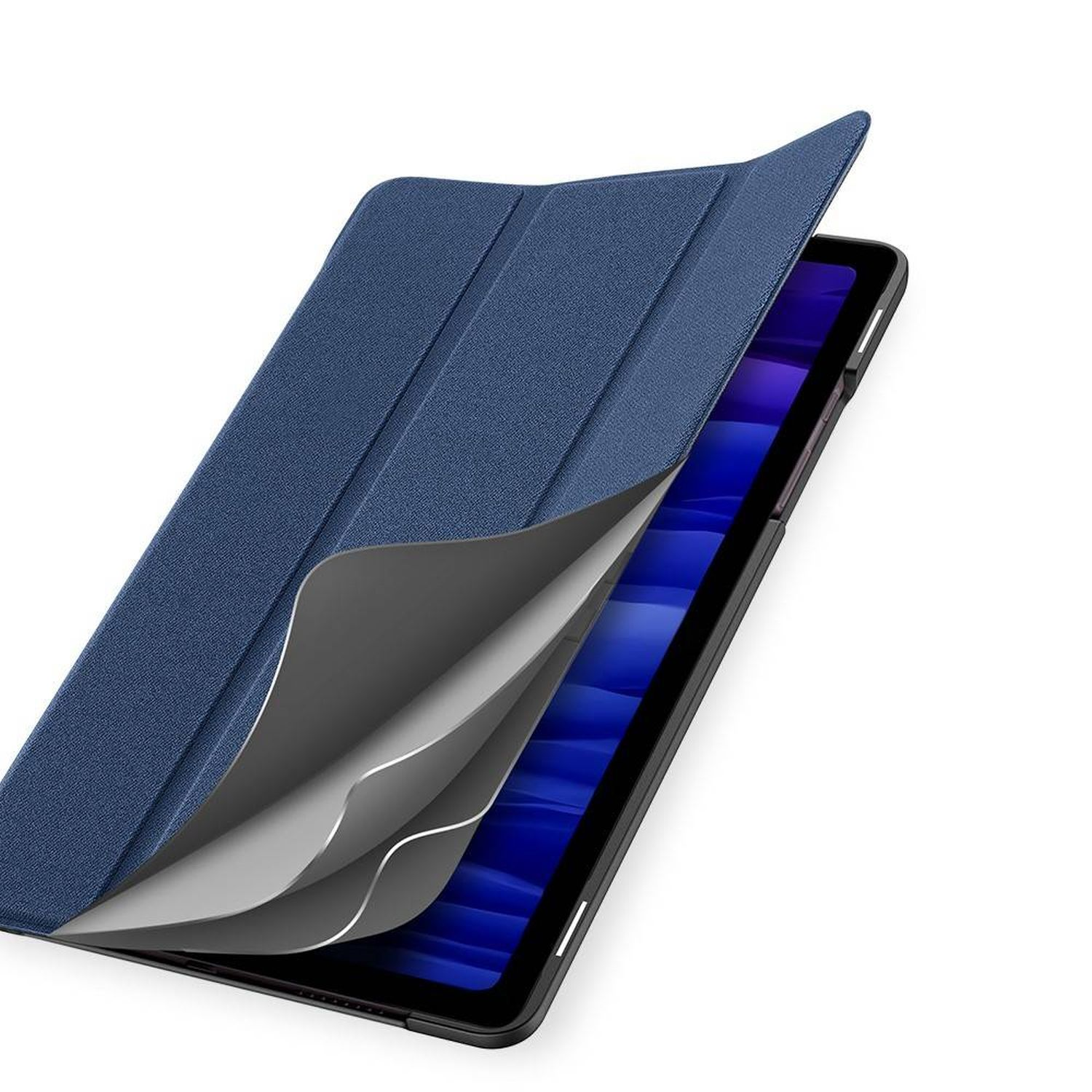 Blaue Tablet-Hülle, geöffnet, zeigt ein Tablet innen, mit grauem Innenraum.