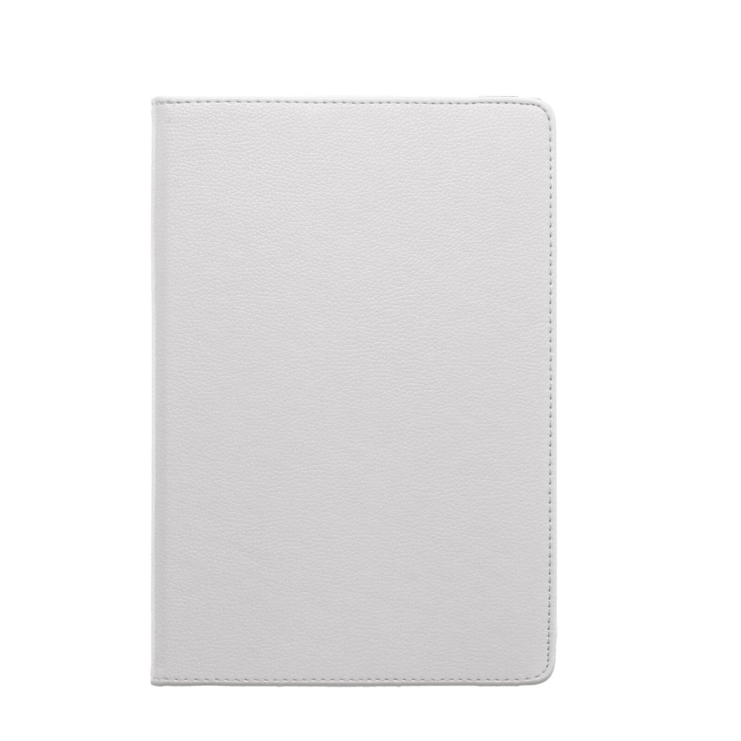 Eine geschlossene, hellgraue, lederartige Tablet-Hülle auf weißem Hintergrund.
