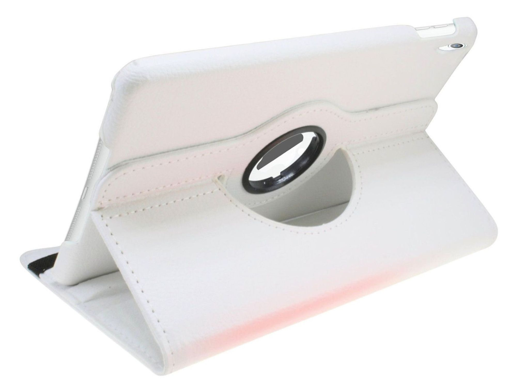 Weiße iPad-Hülle. Sie hat einen drehbaren Halter.