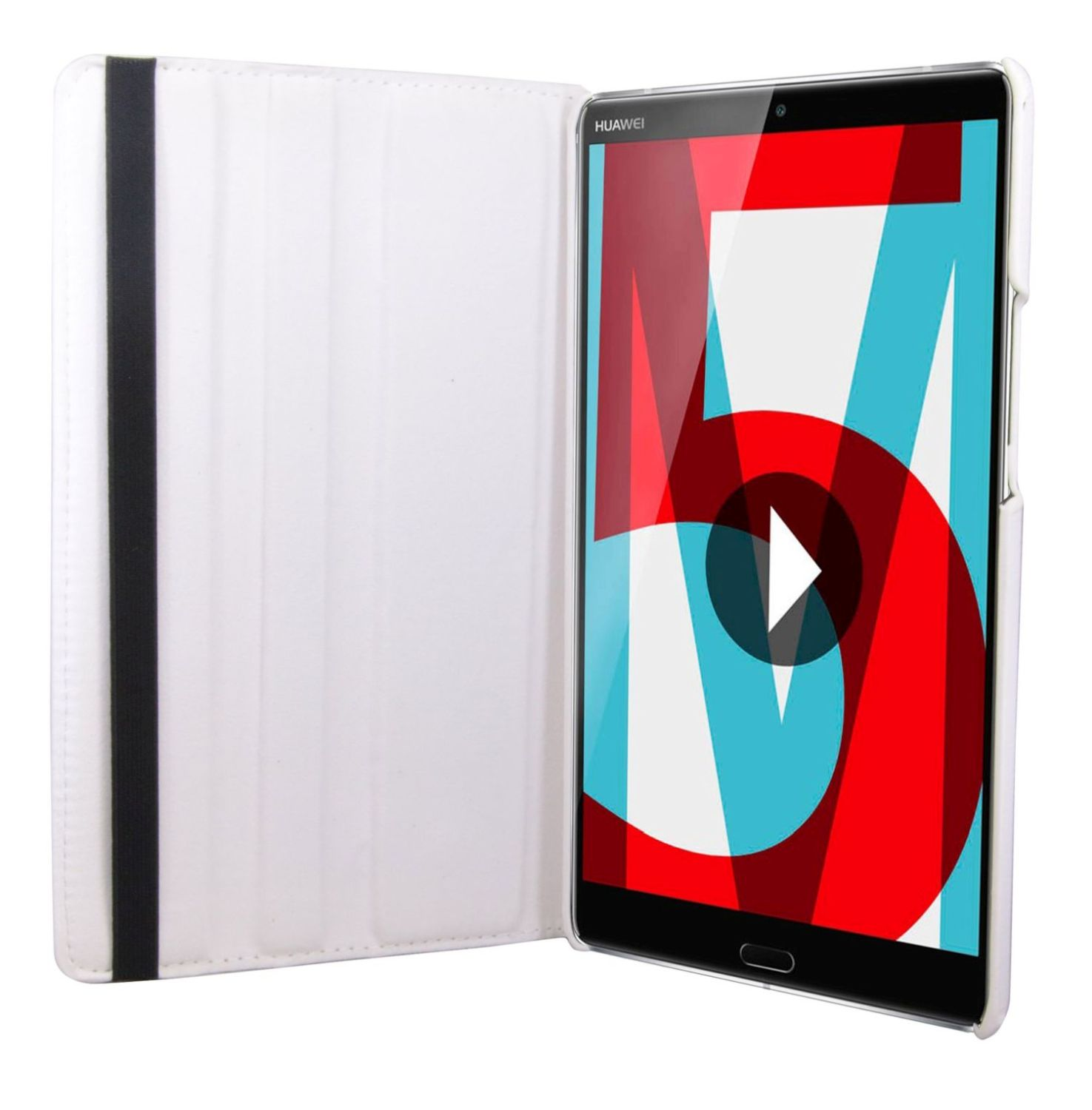 Tablet in weißem Gehäuse, geöffnet, um den Bildschirm mit rot-blauem Design und Play-Button zu zeigen.