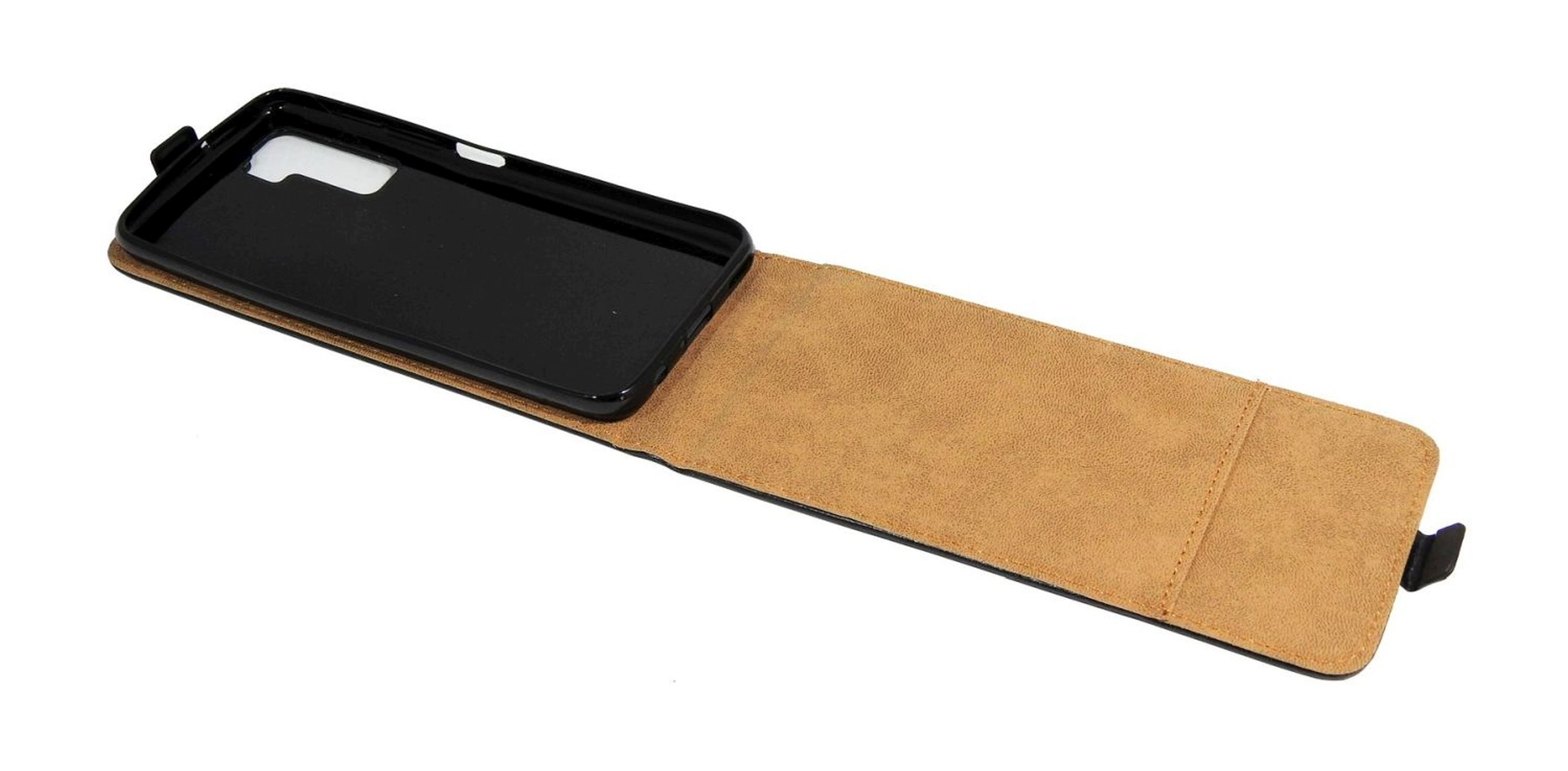 Geöffnete Handyhülle mit Telefon im Inneren, das Innere und Äußere zeigend.