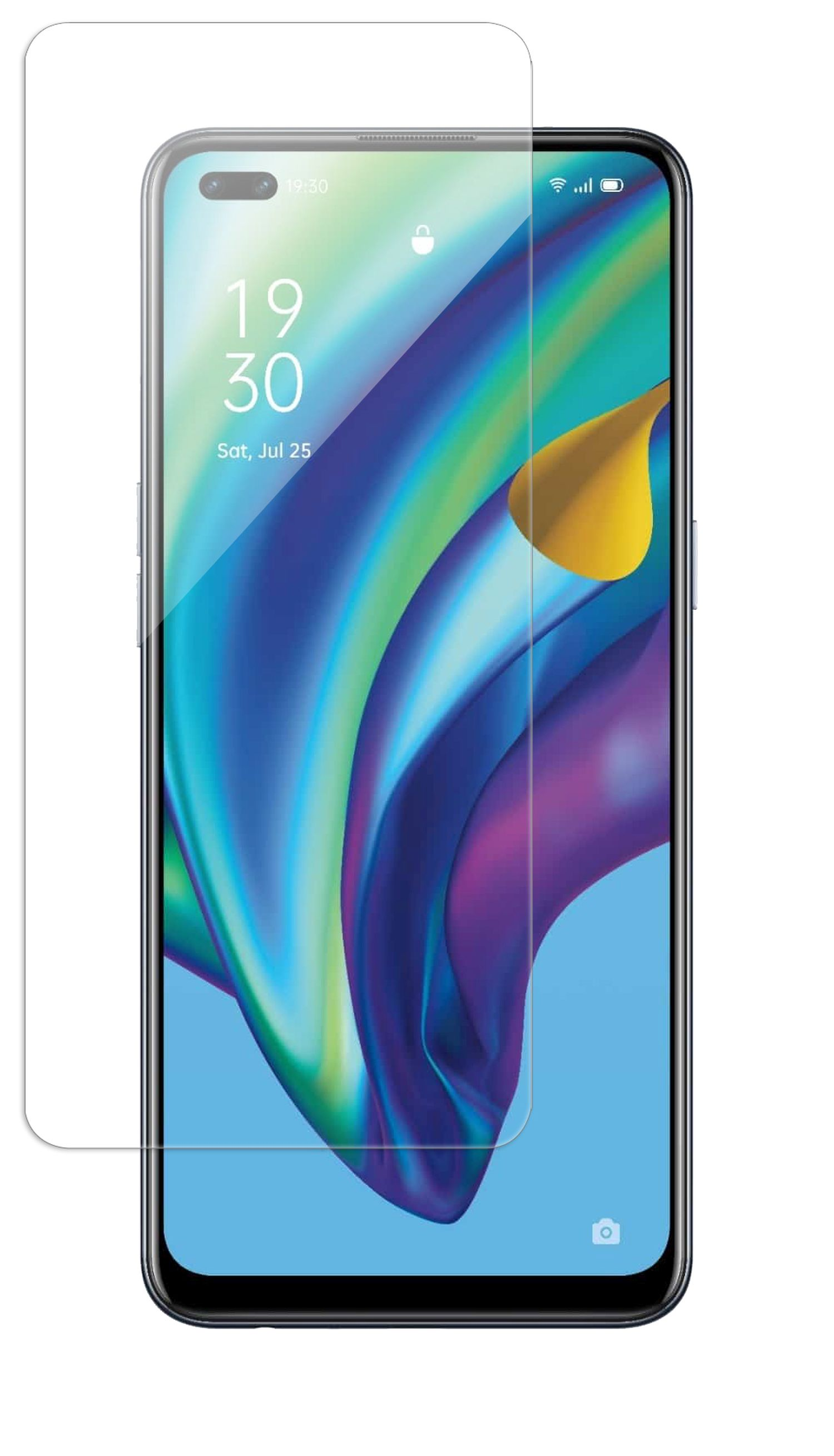 Ein Smartphone mit angebrachter Displayschutzfolie. Der Bildschirm zeigt Zeit und Datum.