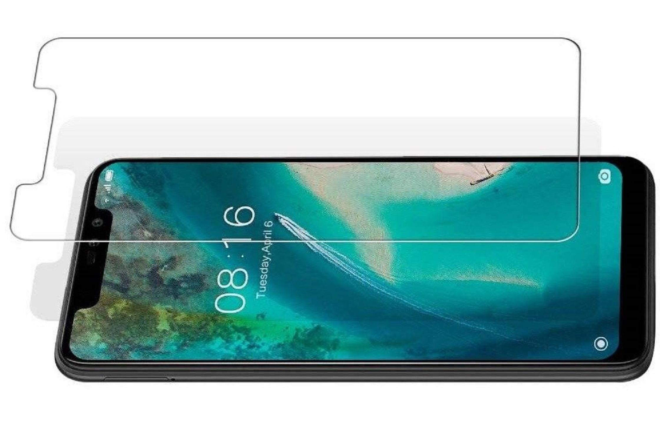 Ein klarer Displayschutz auf einem schwarzen Telefon. Uhrzeit und Datum sind sichtbar.