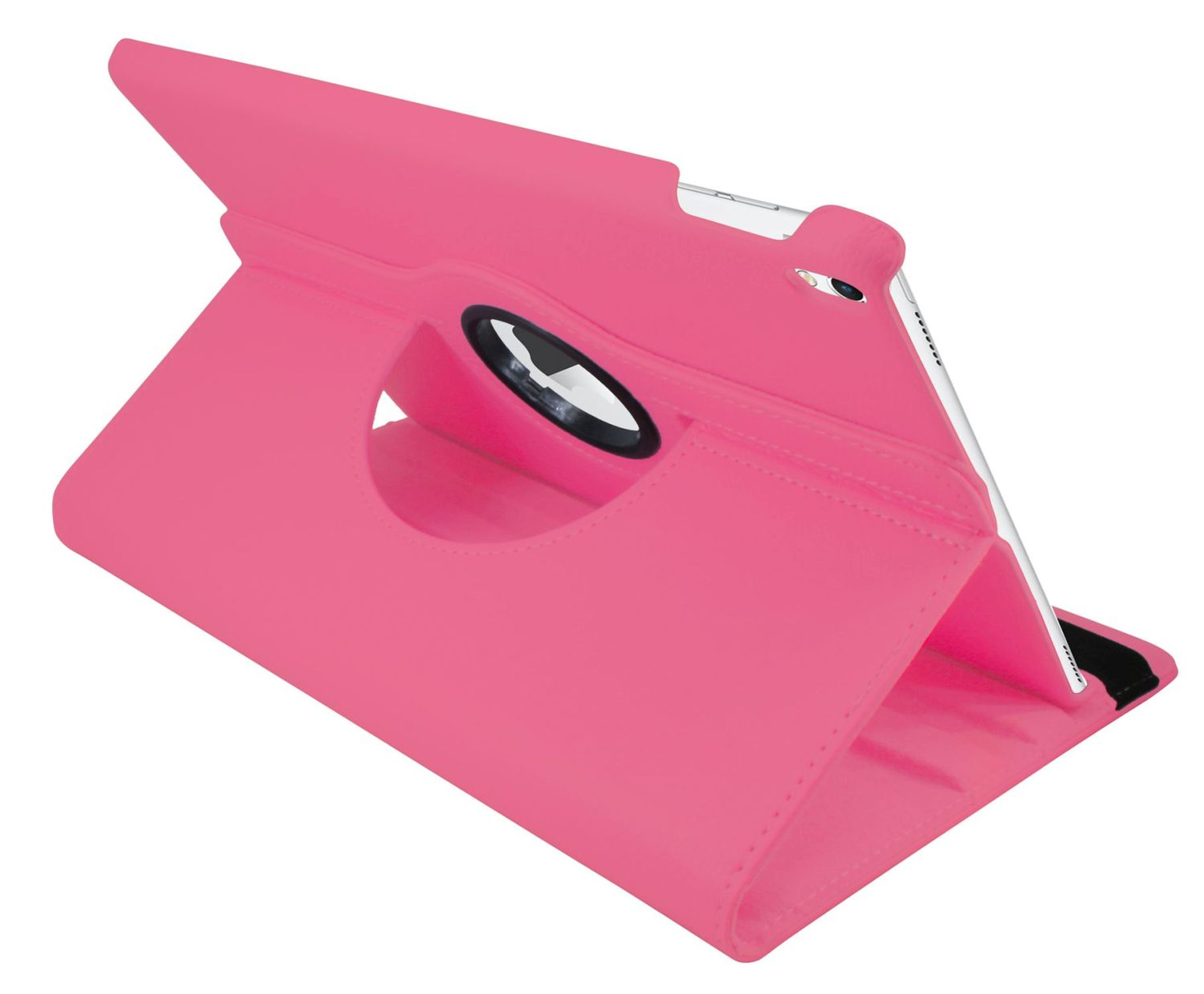 Rosa Tablet-Hülle, geöffnet. Das Tablet ist sichtbar, mit einem kreisförmigen Ausschnitt für die Kamera.