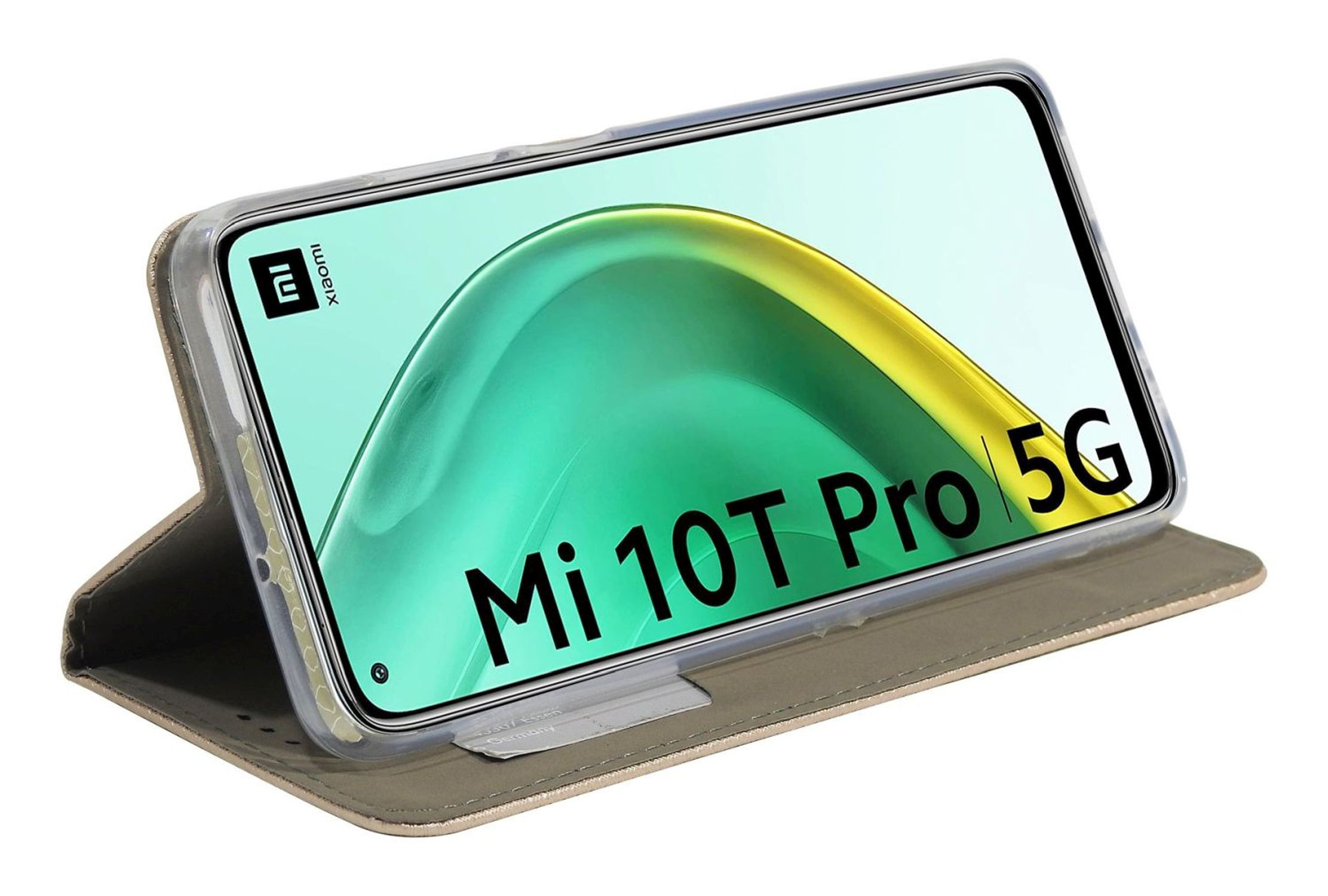 Ein Telefon in einer Hülle mit 'Mi 10T Pro 5G'. Die Hülle ist beige und hat einen Ständer.