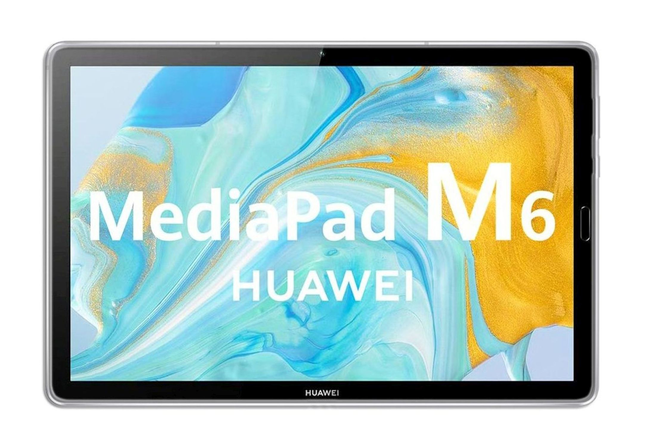 Tablet mit Display mit 'MediaPad M6' und Huawei-Logo. Weißer Hintergrund.