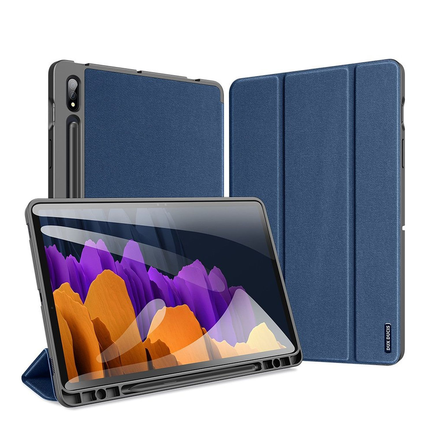 Blaue Tablet-Hülle mit Tablet. Mehrere Winkel, Frontabdeckung offen und geschlossen.