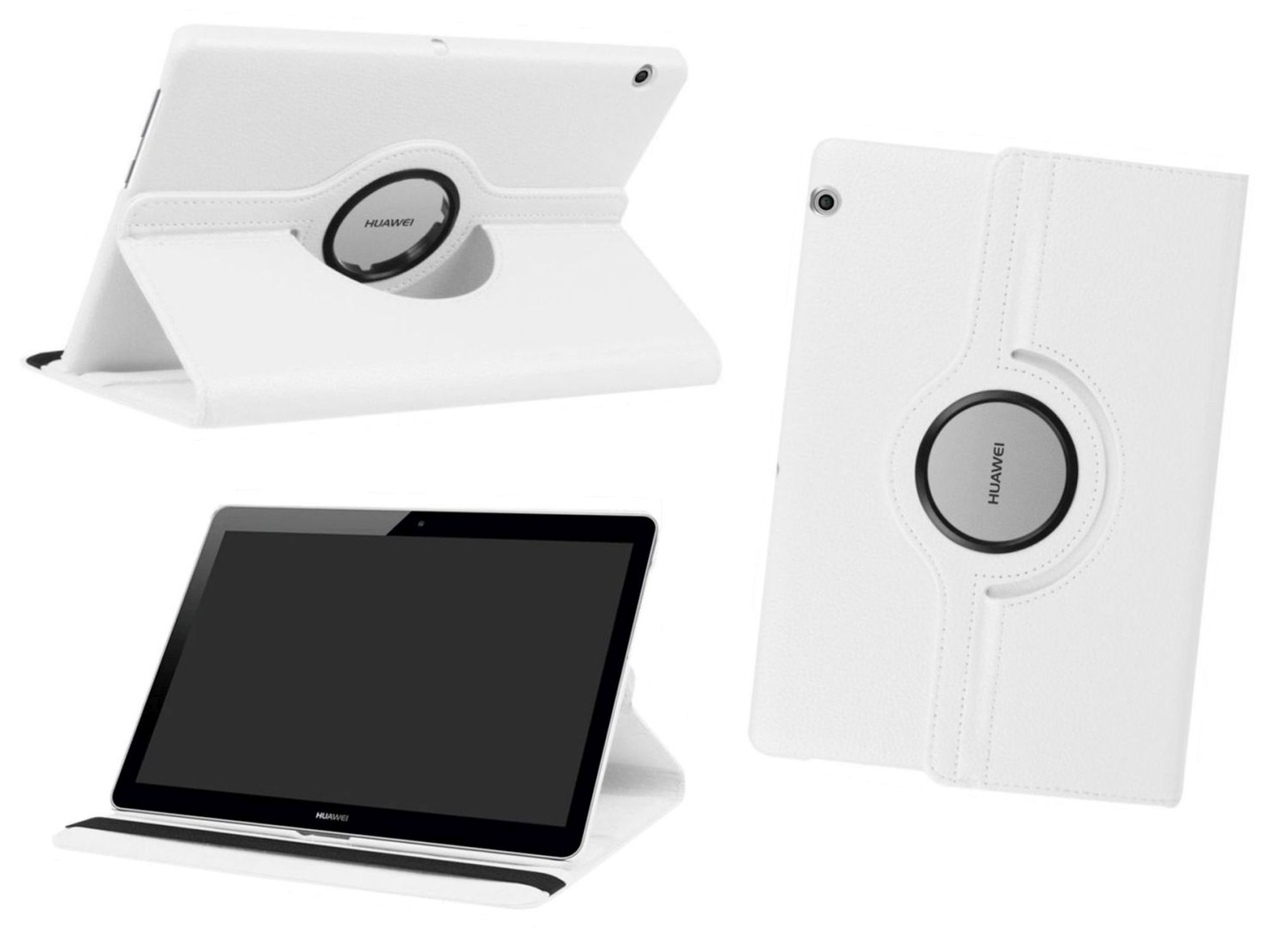 Weiße Tablet-Hülle in drei Ansichten. Das Tablet zeigt das HUAWEI-Logo.