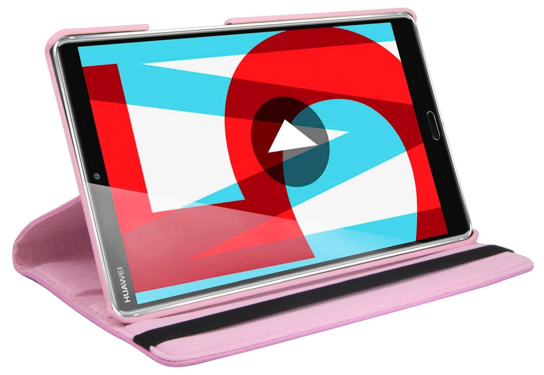 Tablet in pinkem Gehäuse. Bildschirm zeigt rote und blaue Formen und einen weißen Play-Button.