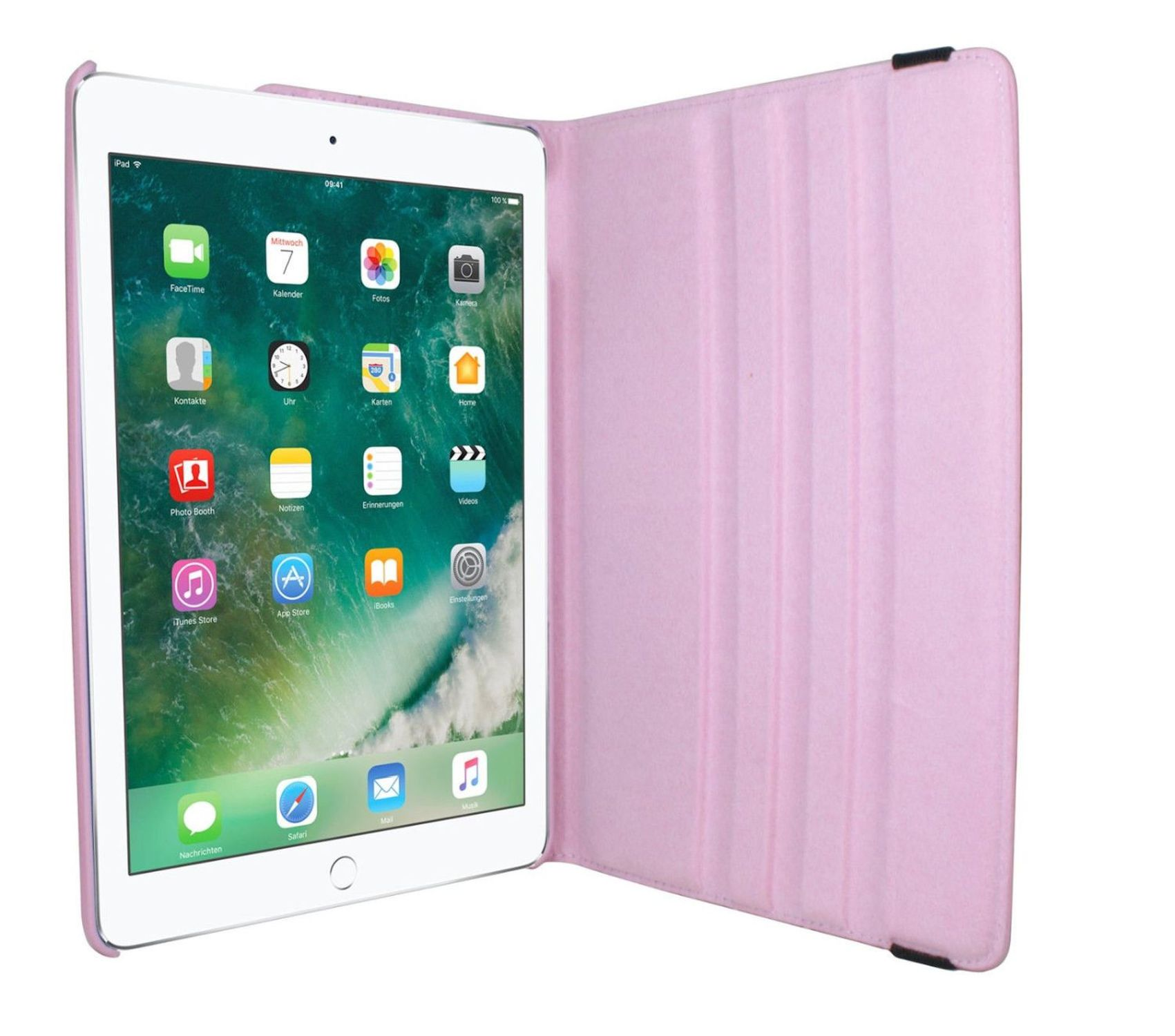 Ein iPad in einem rosa Etui, geöffnet auf weißem Hintergrund. Der Bildschirm zeigt Apps.