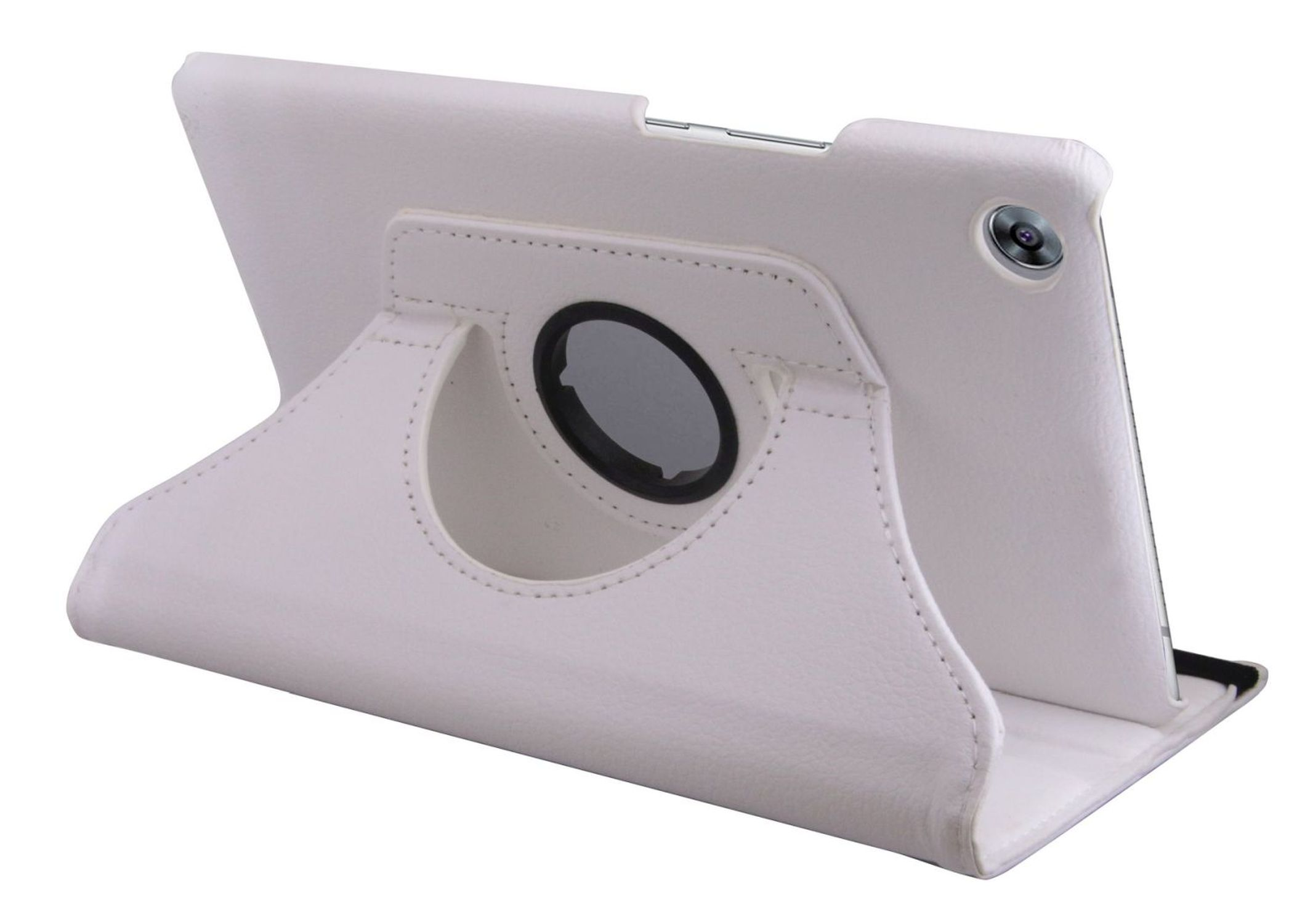 Weißes Tablet in weißer Hülle. Angestellt, Rückseite und Bildschirm sichtbar.