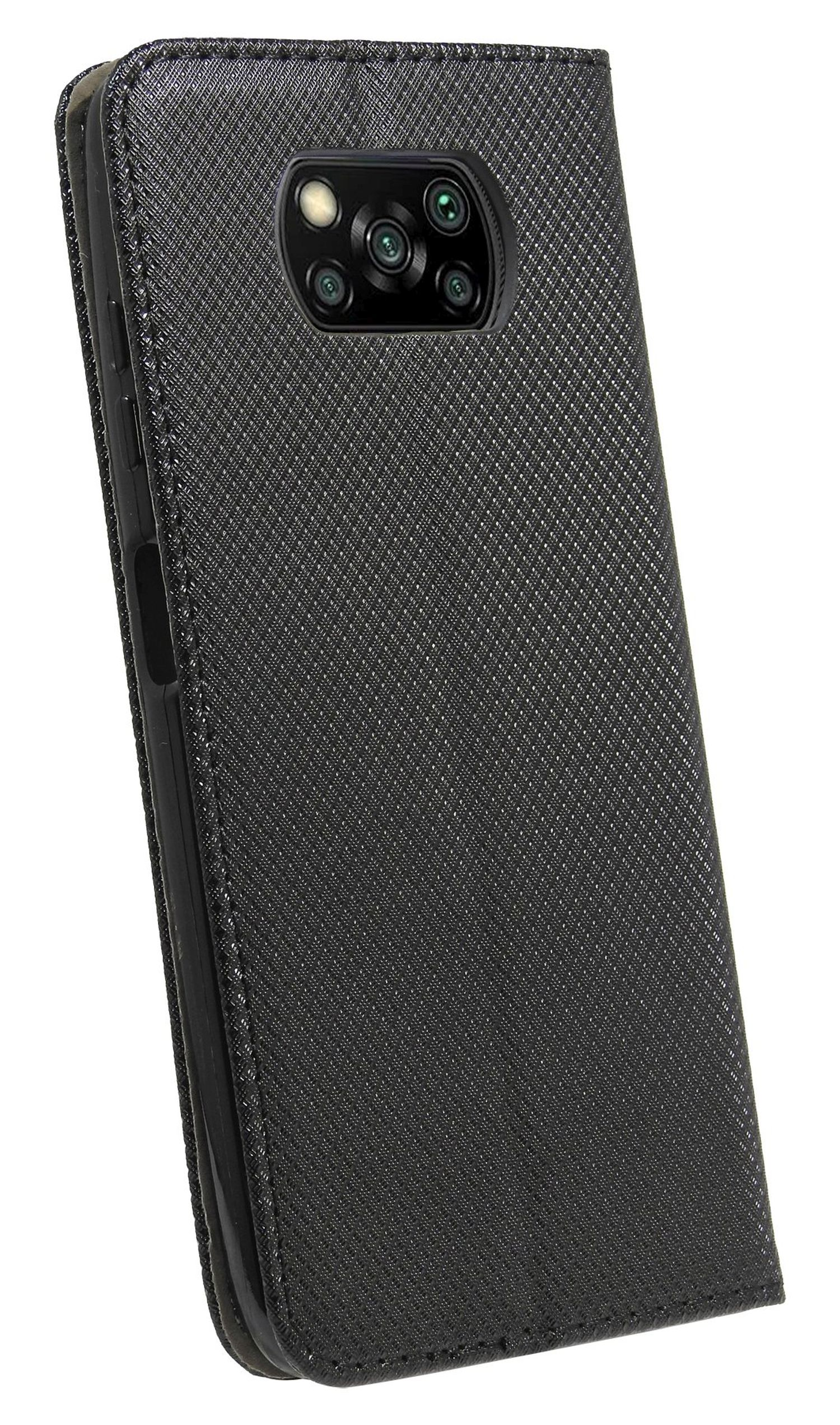 Ein schwarzes Telefon in einer Hülle. Die Rückseite hat mehrere Kameras. Die Hülle hat eine strukturierte Oberfläche.