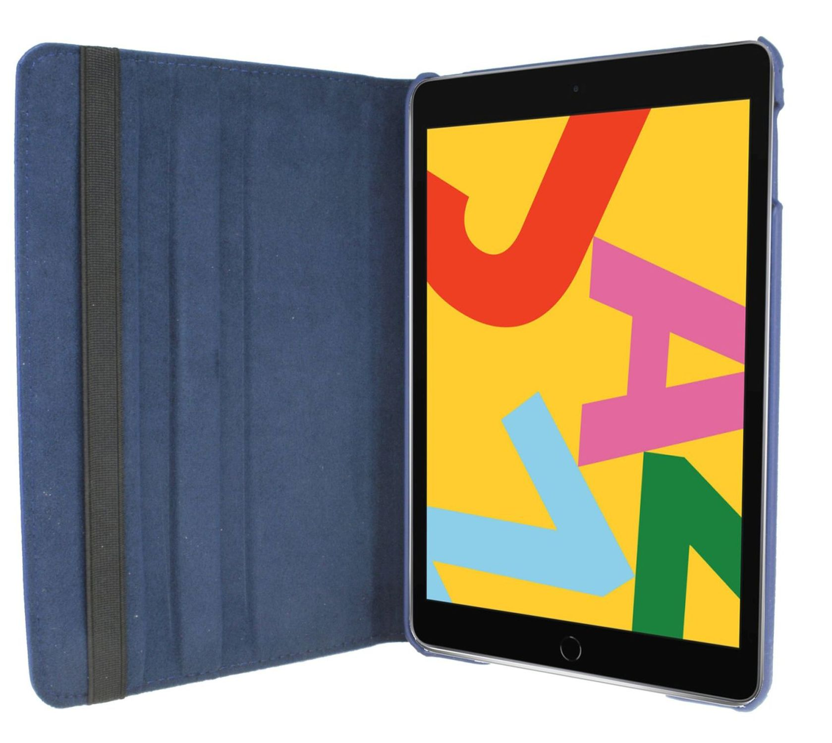 Tablet in einer blauen Hülle. Weißer Hintergrund.