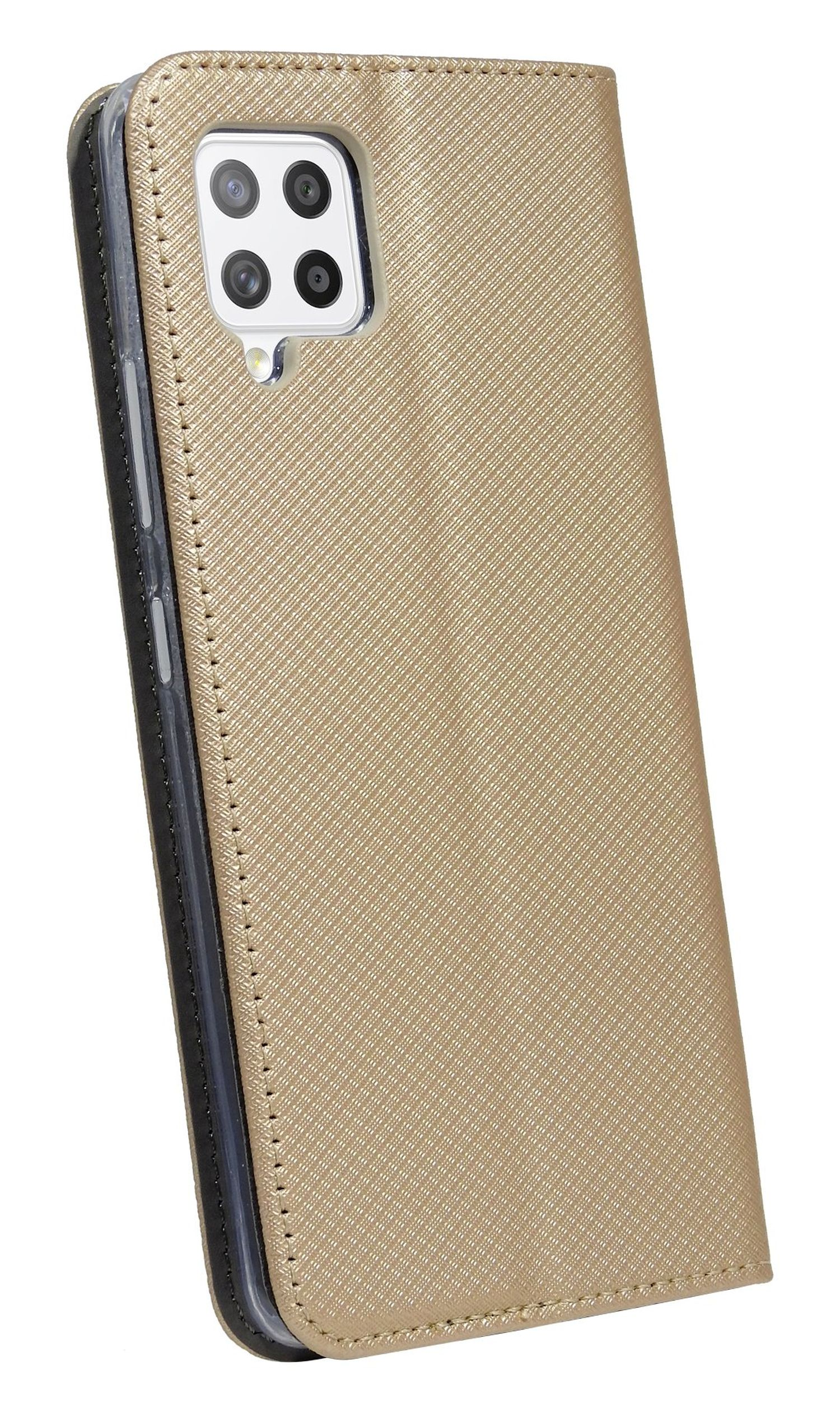 Eine goldene Brieftaschen-Handyhülle, die zu einem Telefon geöffnet ist. Die Hülle ist strukturiert.