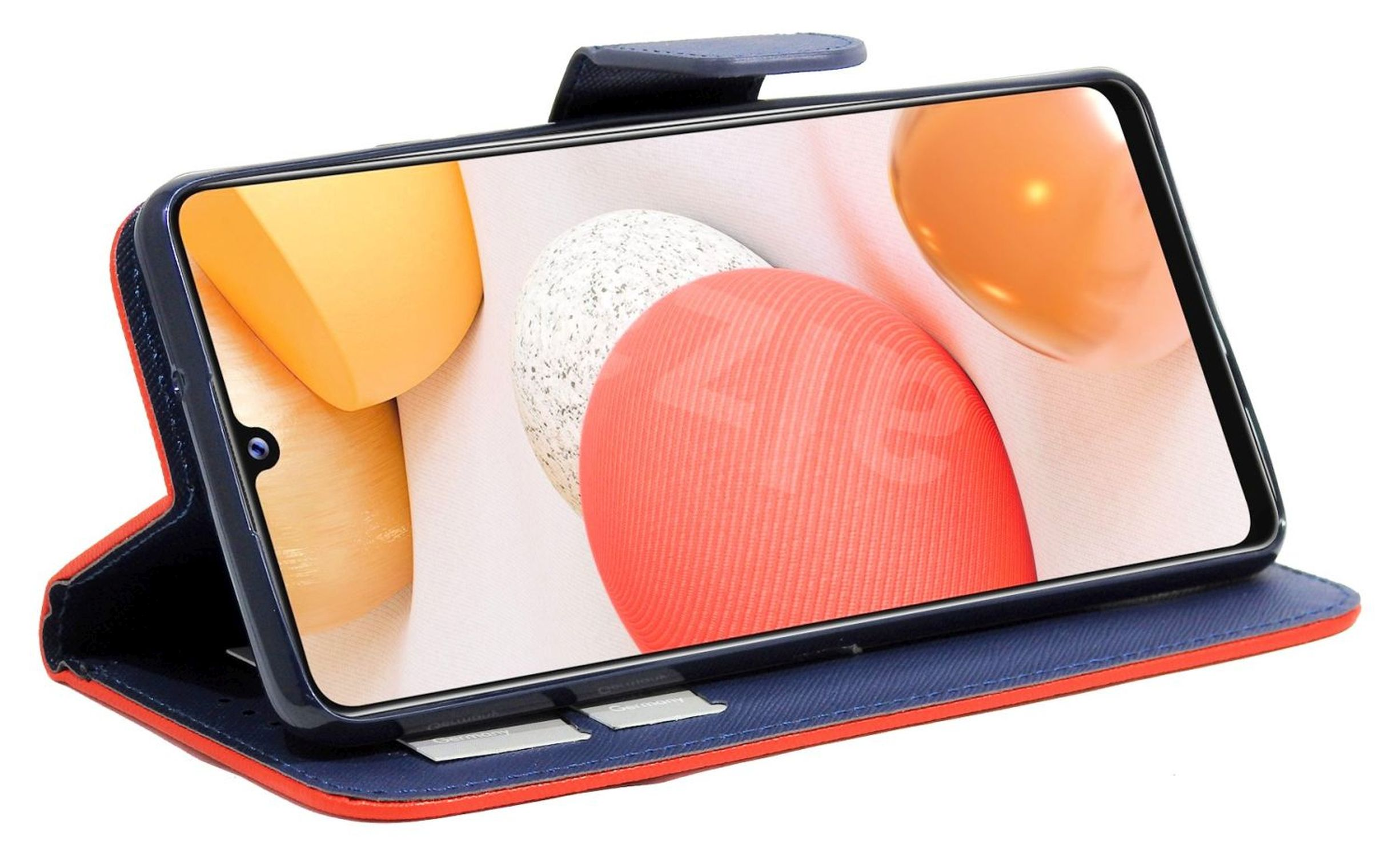 Smartphone in einer geöffneten roten und blauen Hülle, Bildschirm mit Symbolen sichtbar.