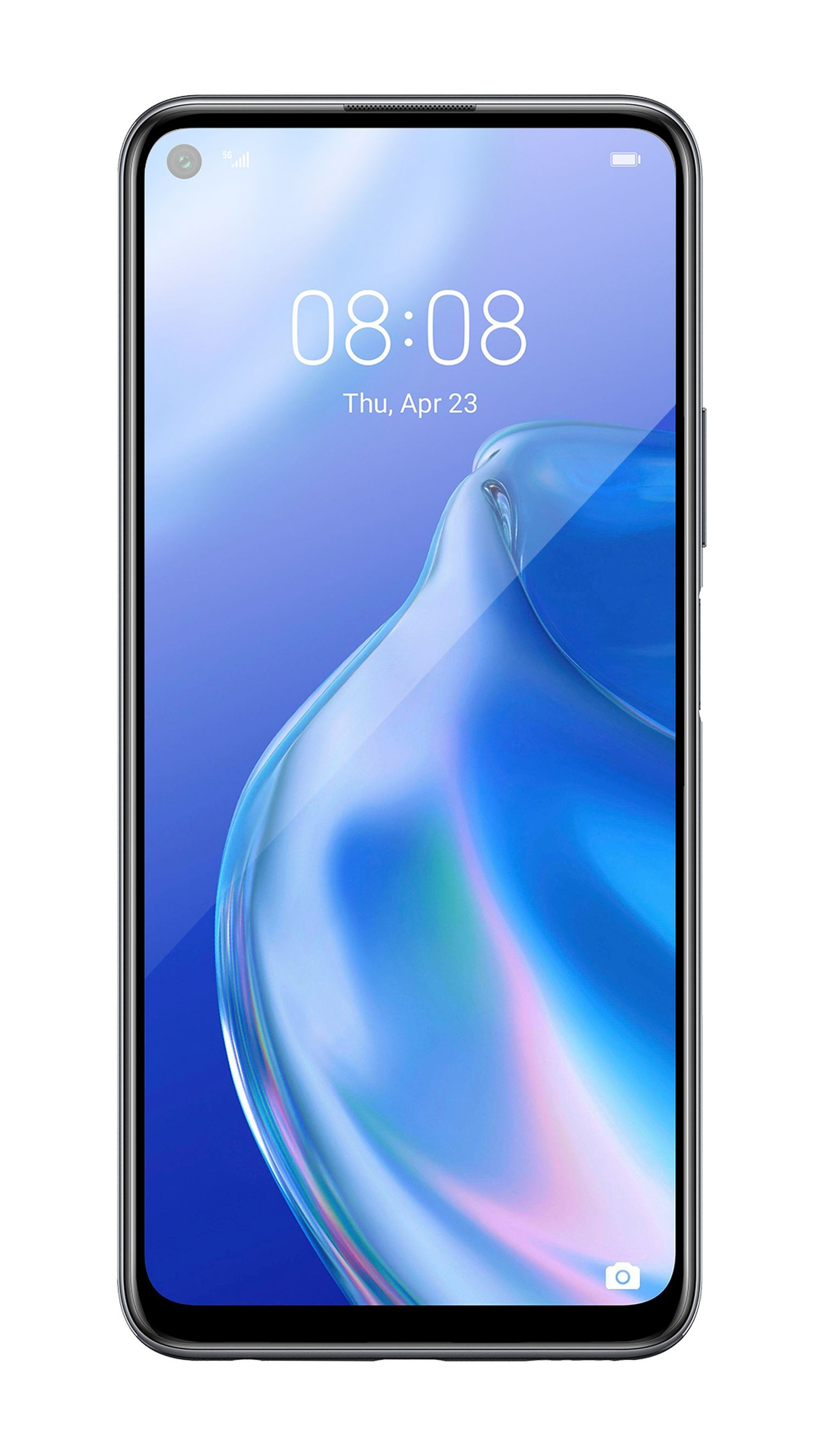 Ein Smartphone mit einem Bildschirm, der 08:08 am Donnerstag, 23. April anzeigt. Das Display zeigt einen blauen, abstrakten Hintergrund.