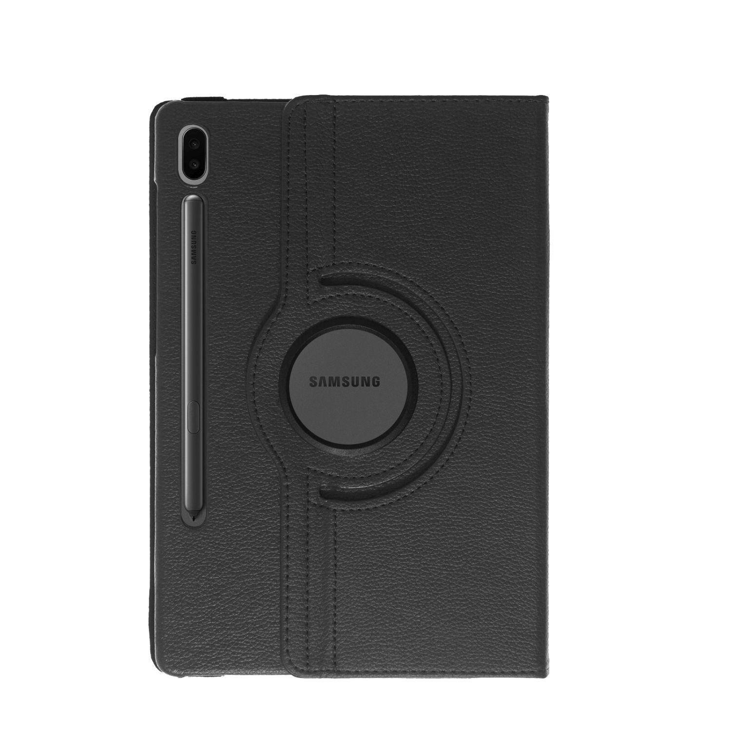 Schwarze Tablethülle mit Stift. Die Hülle hat einen kreisförmigen Bereich mit dem Samsung-Logo.