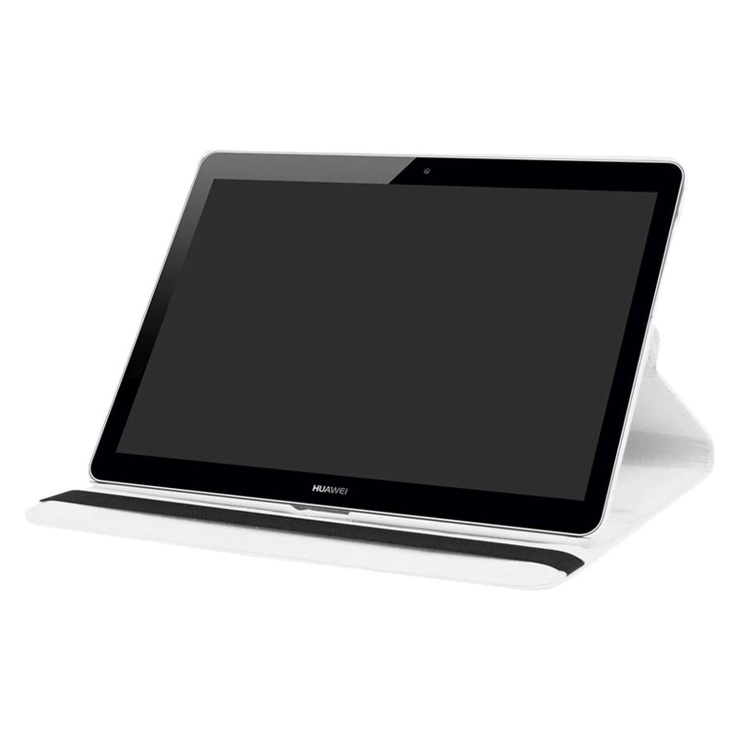 Tablet in weißer Hülle, angewinkelt. Schwarzer Bildschirm, Wort 'Huawei'.
